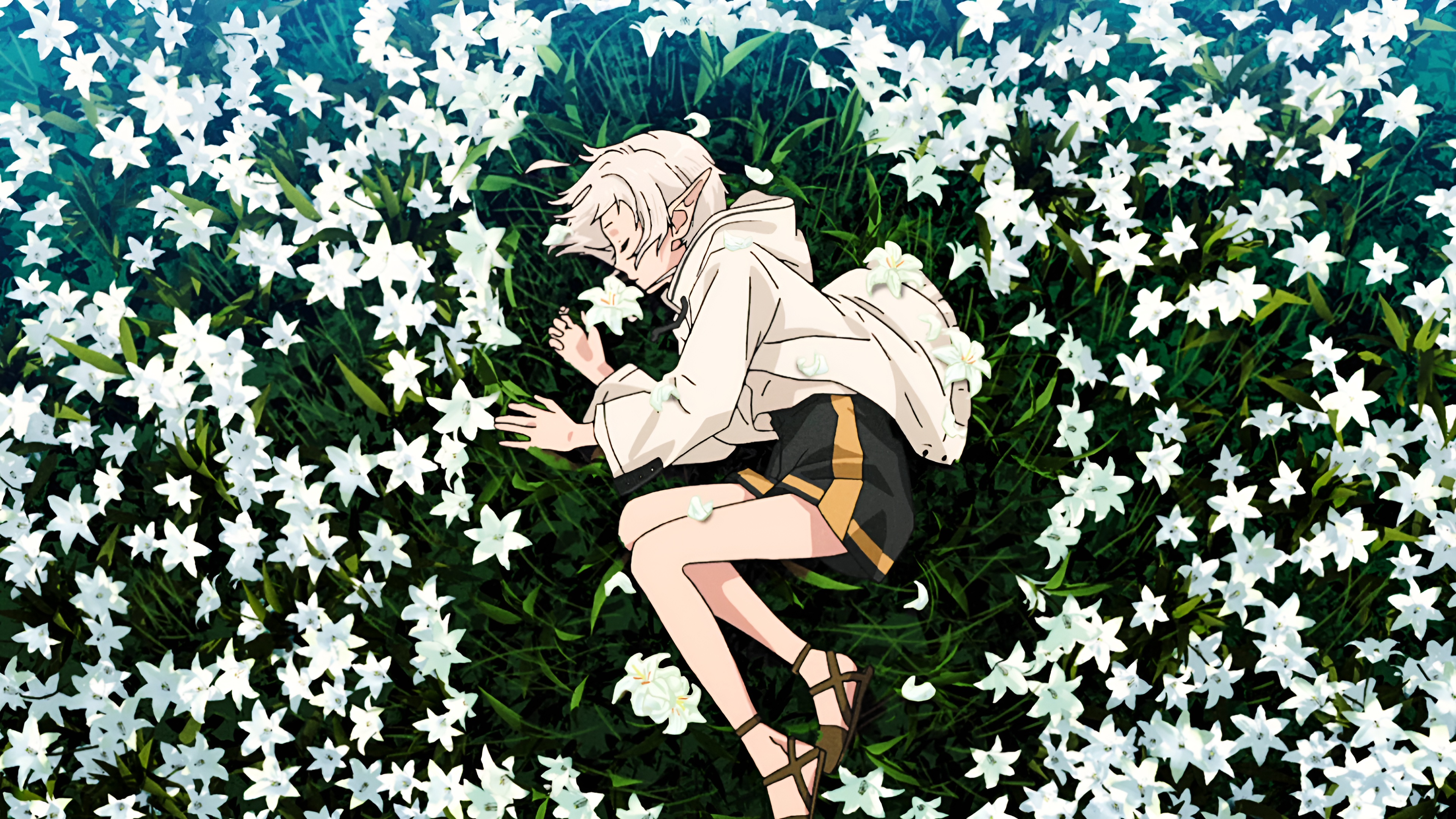 Mushoku Tensei Anime Sylphiette Anime Girls Pointy Ears Closed Eyes Flowers Grass Sleeping Petals Ly 3840x2160
