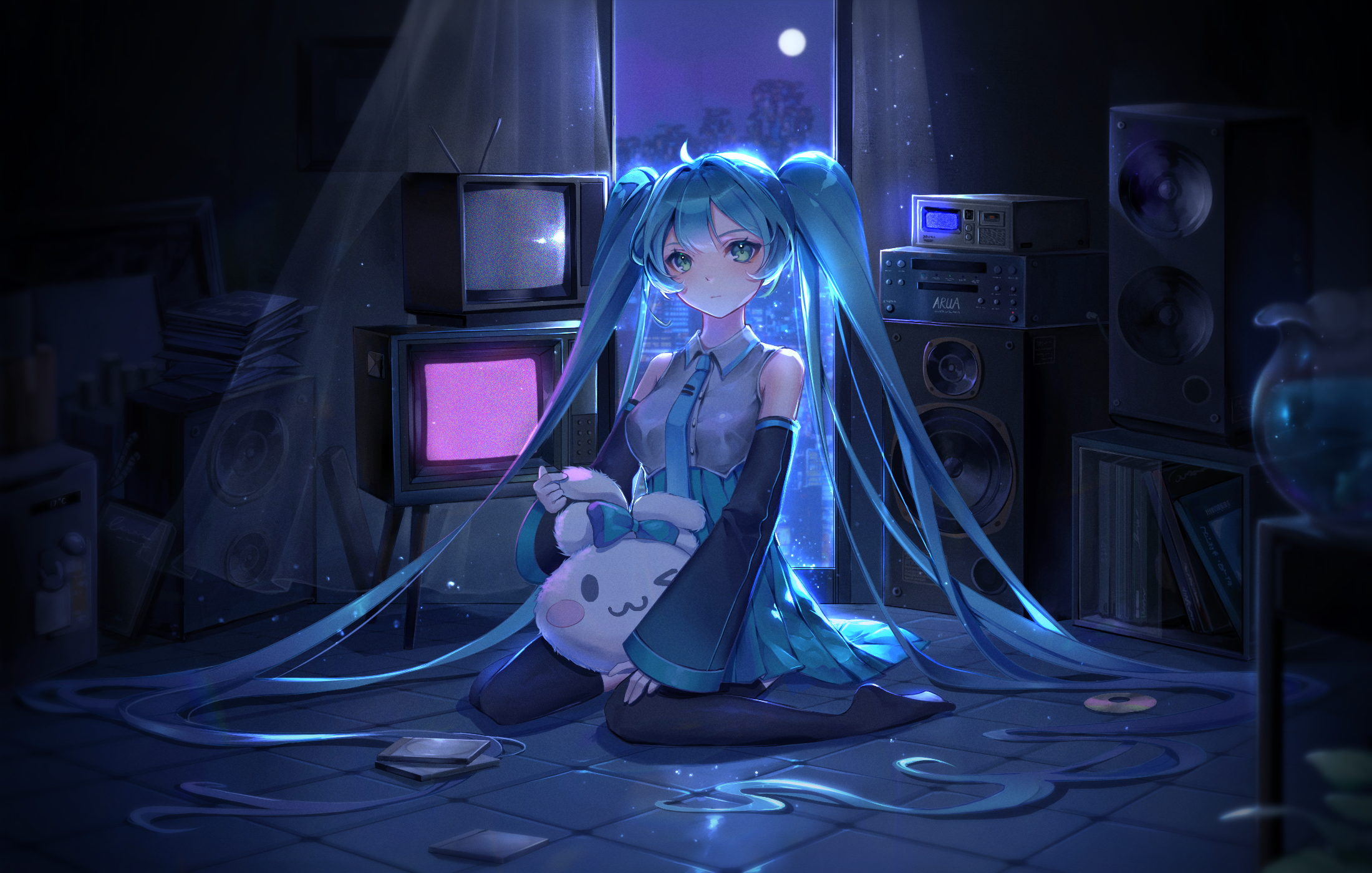 Anime Anime Girls Vocaloid Hatsune Miku Twintails Night Blue Hair Blue Eyes Looking At Viewer Unifor 2200x1400