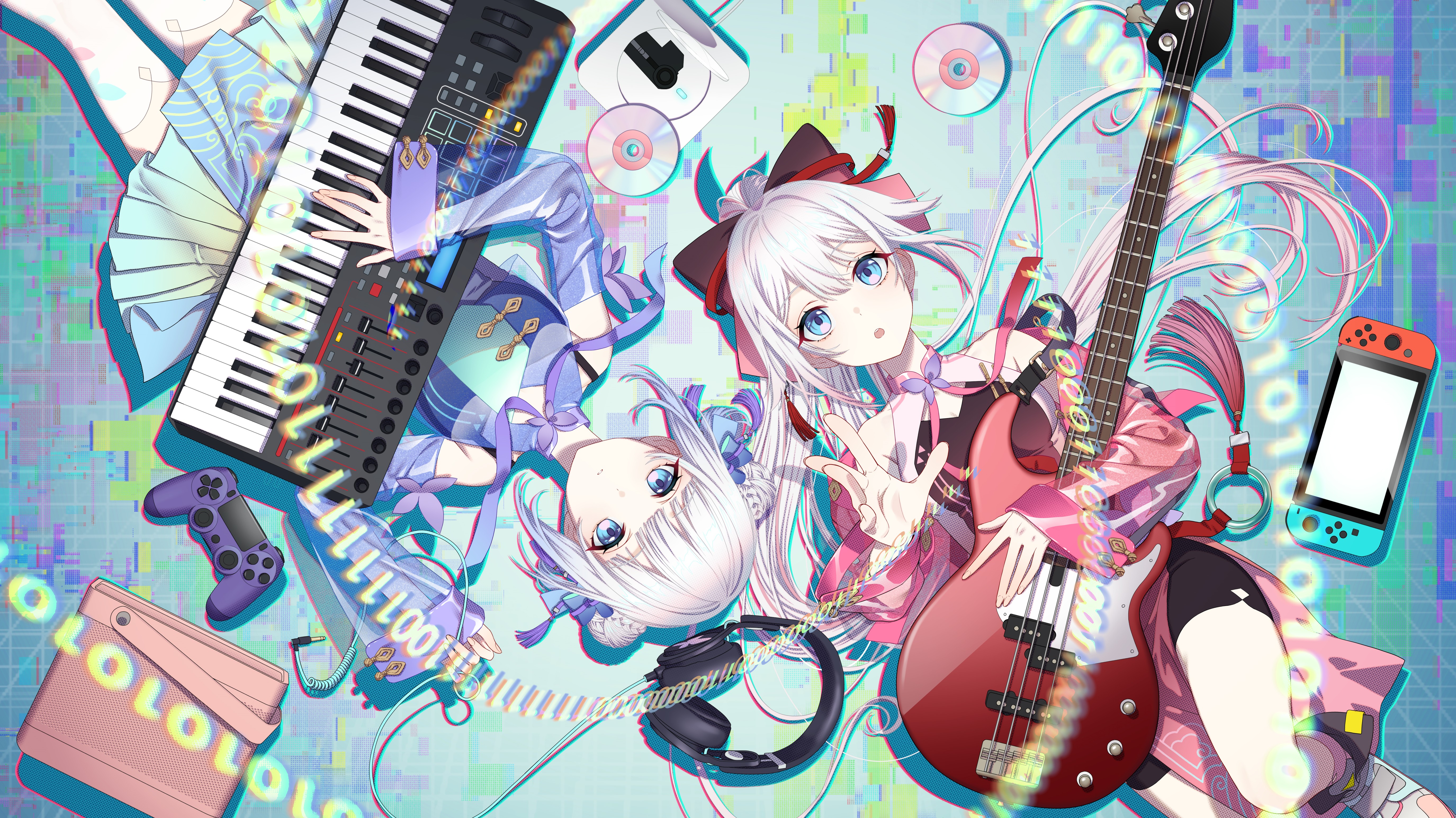 Tacitly Anime Two Women Top View Musical Instrument Anime Girls Guitar Piano Lying On Back Controlle 5500x3091