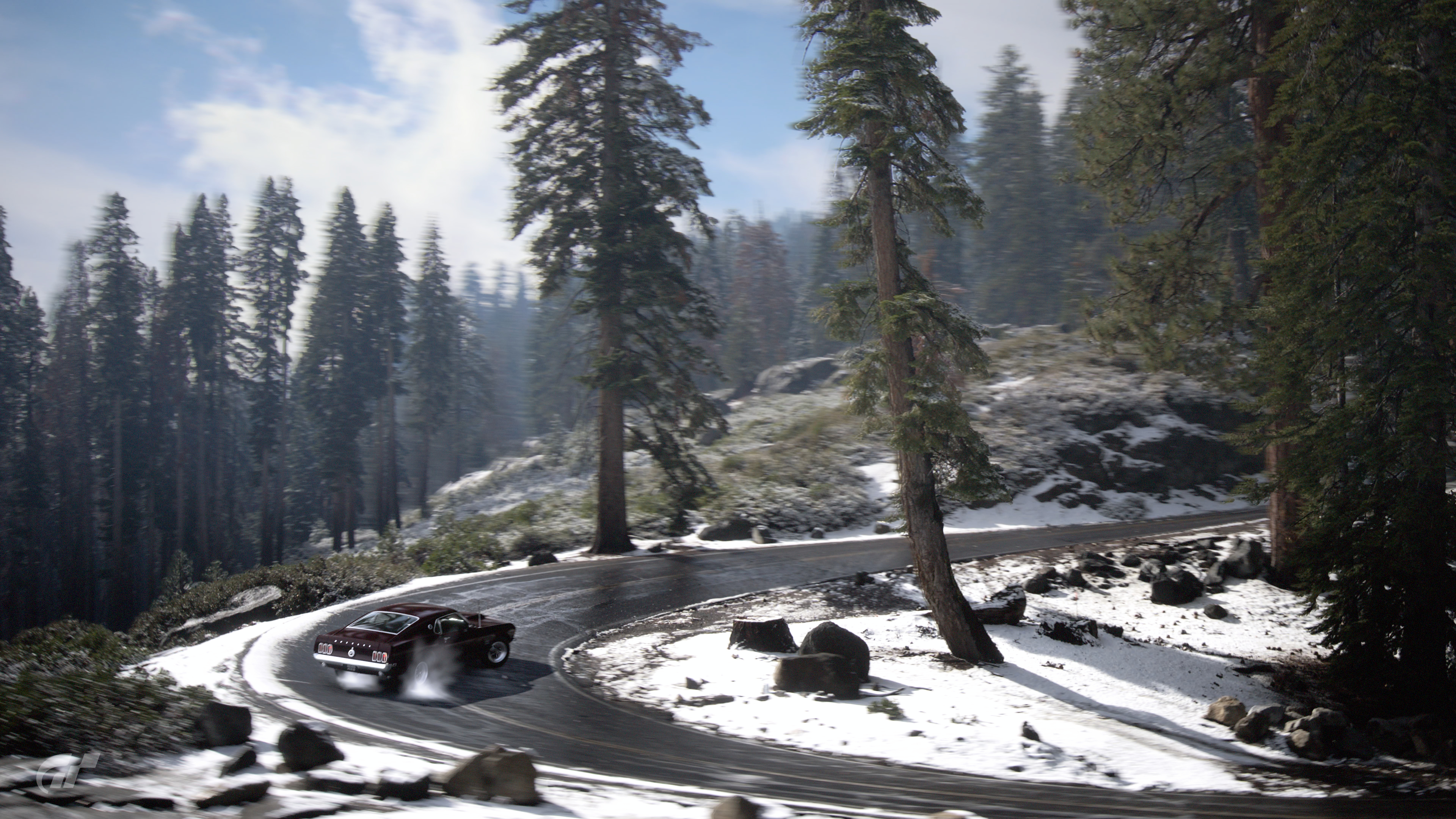 Nature Car Vehicle Drift Forest Video Games Gran Turismo 7 Ford Mustang Yosemite National Park Snow  3840x2160