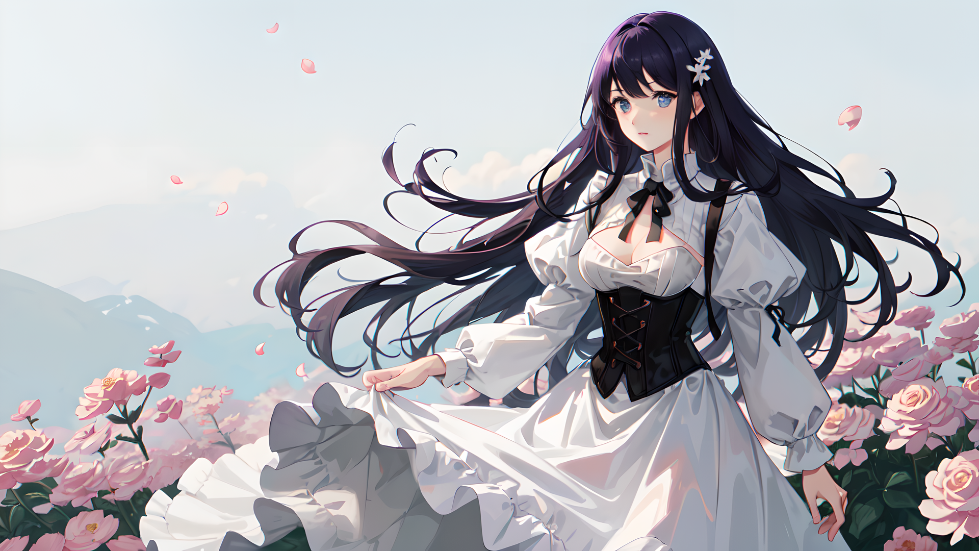 Ai Art Anime Girls Purple Hair Hair Ornament White Dress Flowers Dress Petals Looking At Viewer Long 1920x1080
