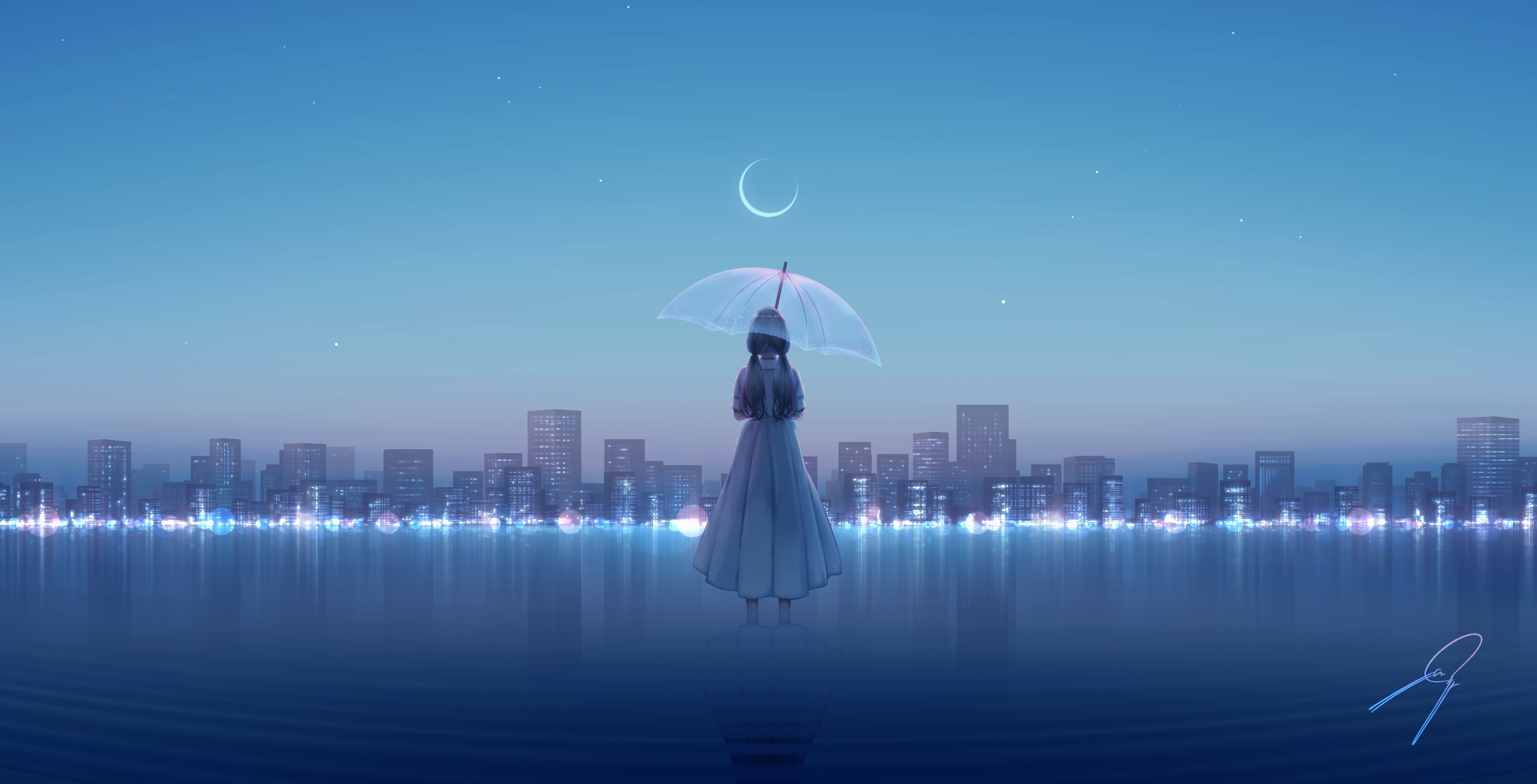 Anime Girls Minimalism Umbrella City Moon Water Building 3840x1960