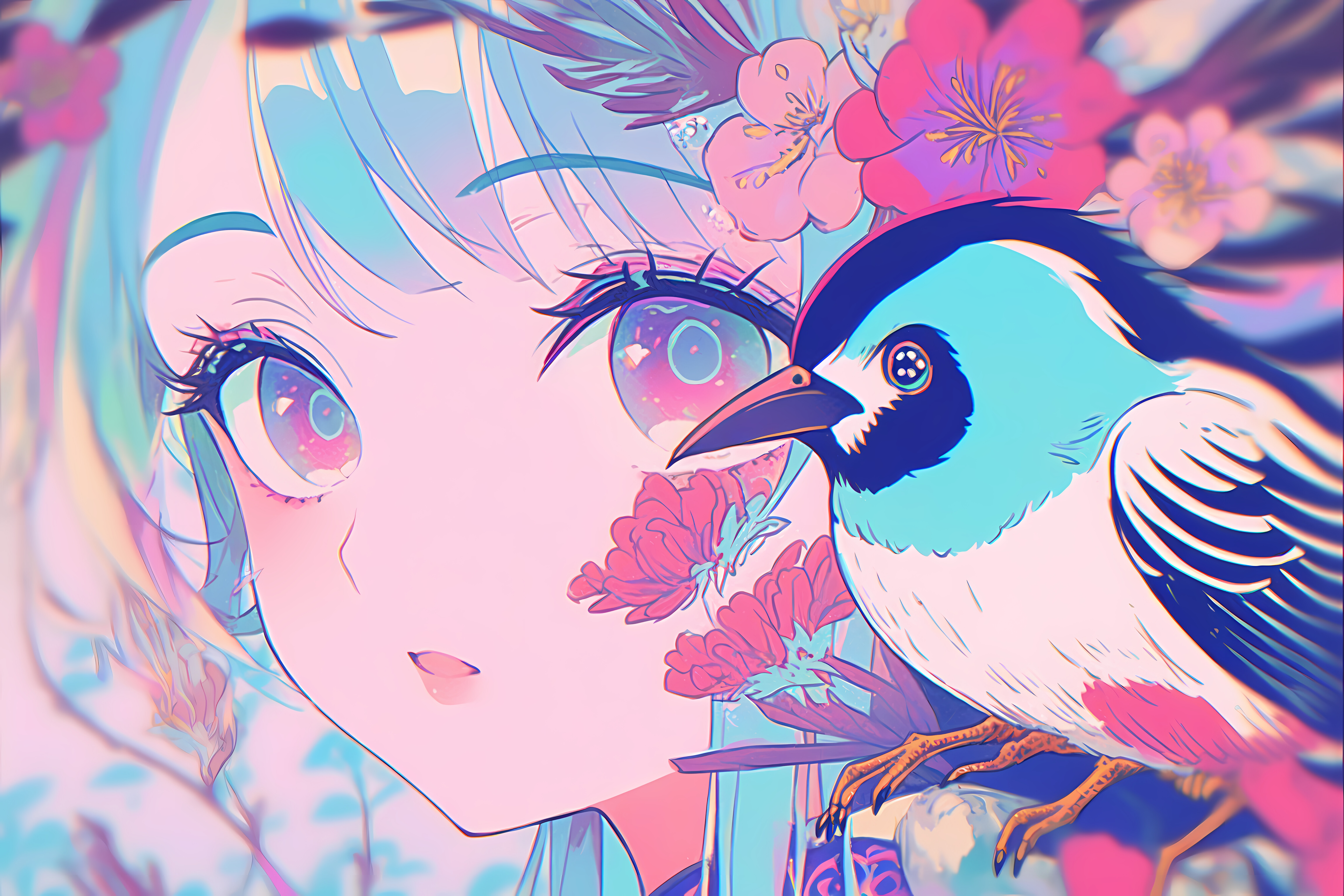 Anime Ai Art Vaporwave Colorful Birds Animals Face Flowers 6144x4096