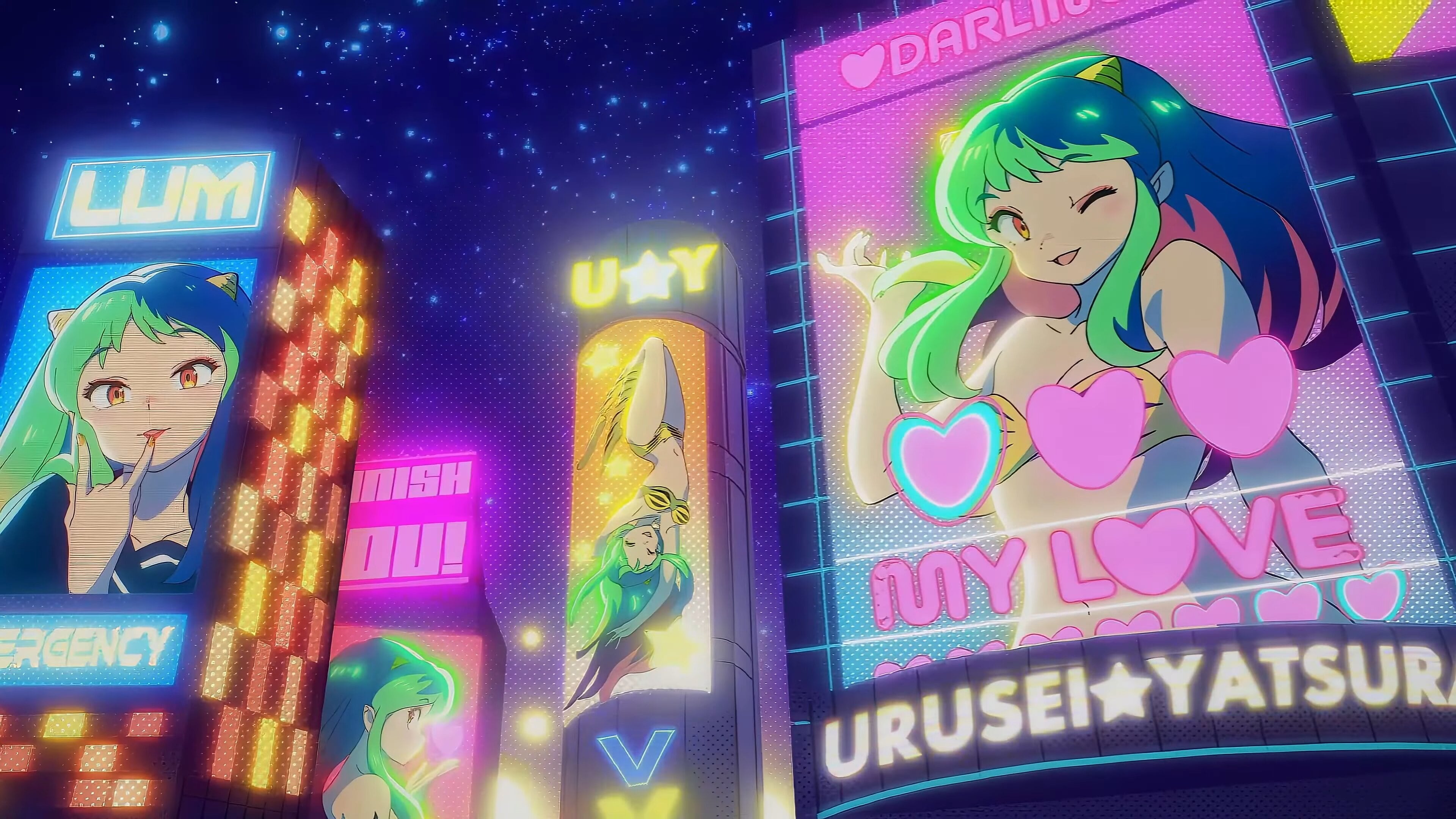 Urusei Yatsura Lum Invader Anime Girls Signs Night Advertisements Oni Wink Text Lip Gloss Anime Scre 3840x2160