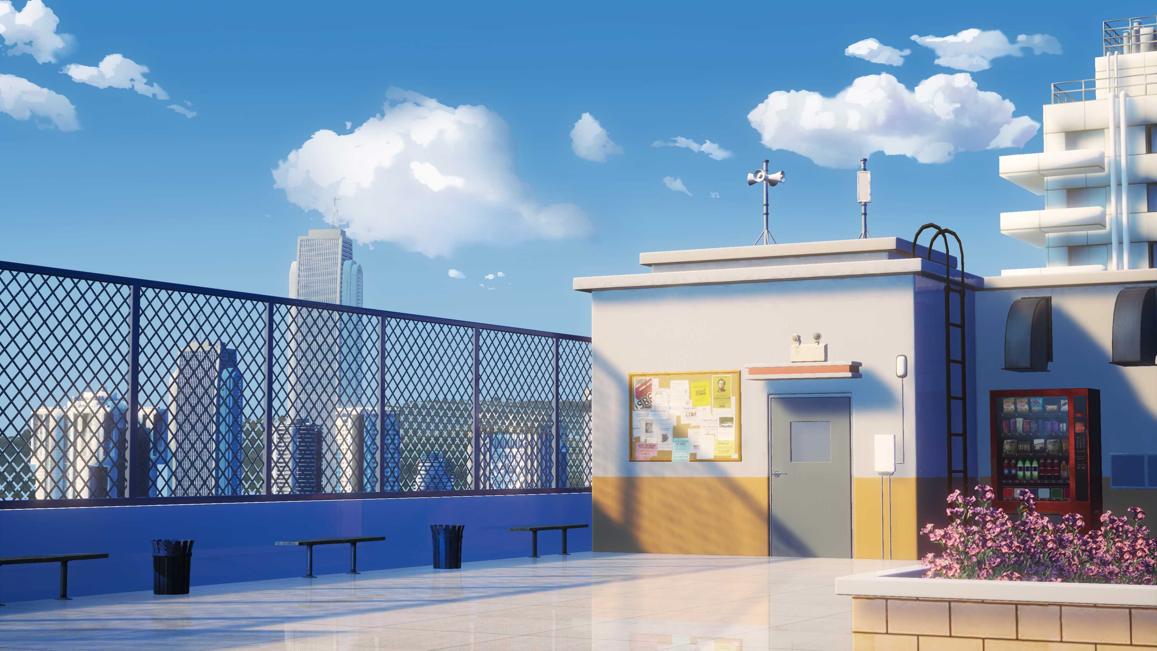 Anime City Anime Rooftopping Clouds Building Sky Vending Machine 3698x2080
