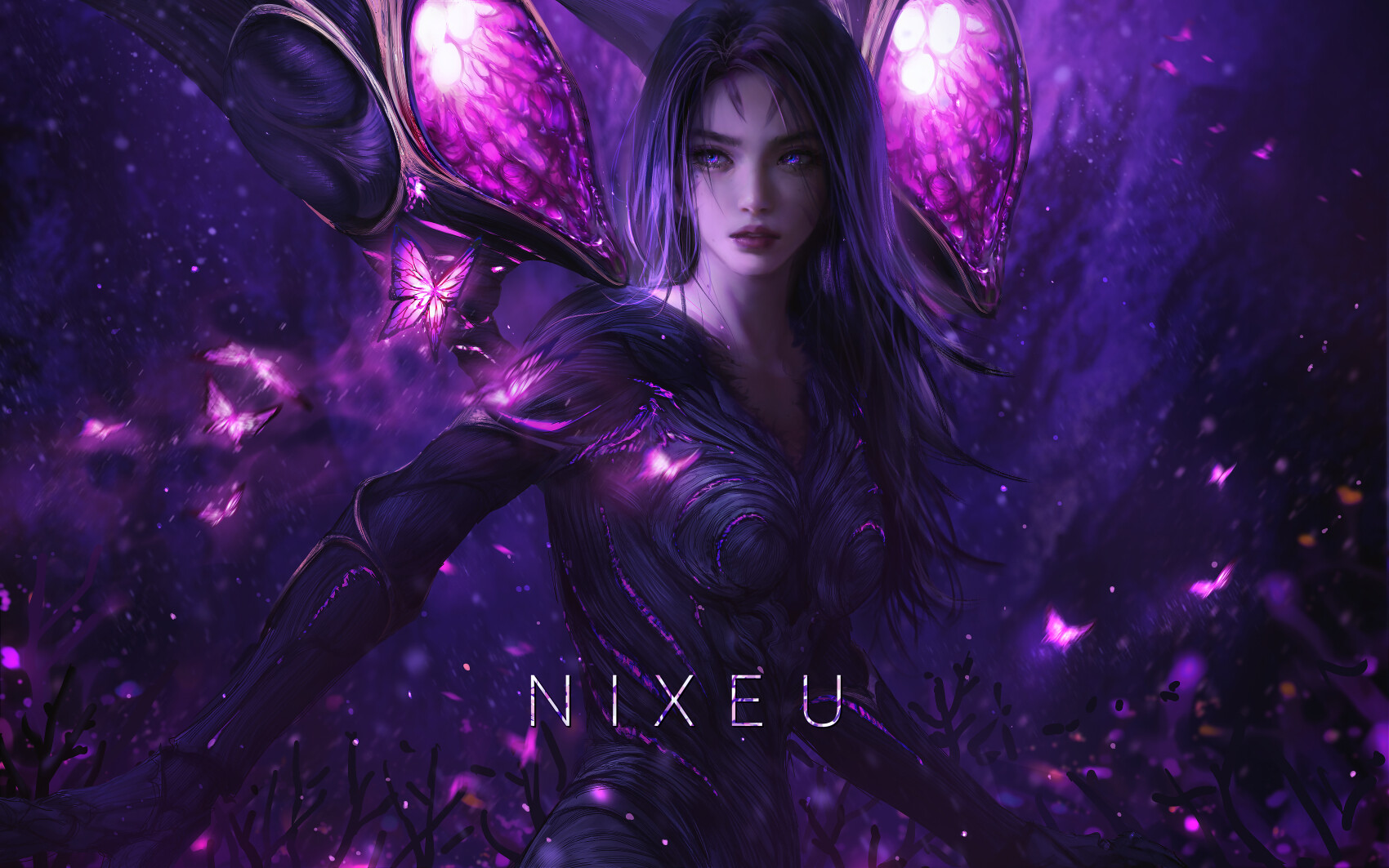 Nixeu Drawing Women Dark Hair Purple Eyes Butterfly Magic Purple Dark Fantasy Art League Of Legends 1700x1063