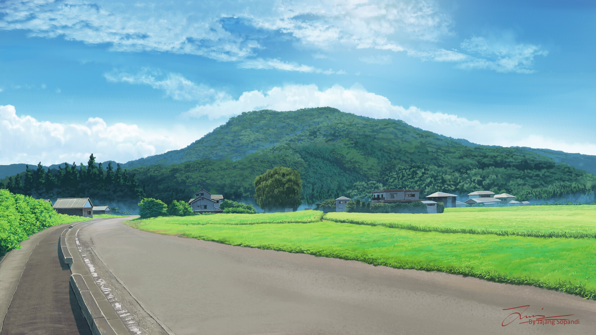 Jajang Sopandi Landscape Digital Art Clear Sky Clouds Anime Outdoors Road Watermarked ArtStation 1920x1080