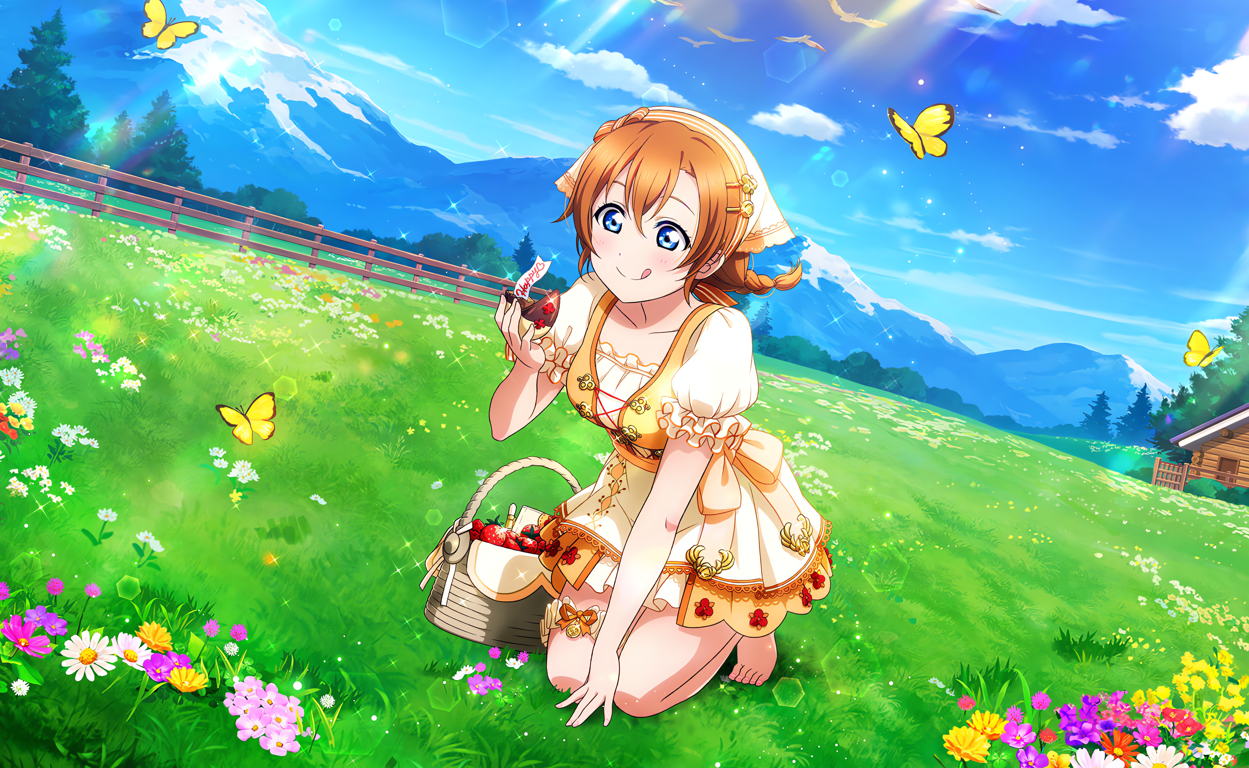 Kousaka Honoka Love Live Anime Anime Girls Smiling Tongue Out Grass Flowers Sunlight Sky Clouds Moun 4096x2520