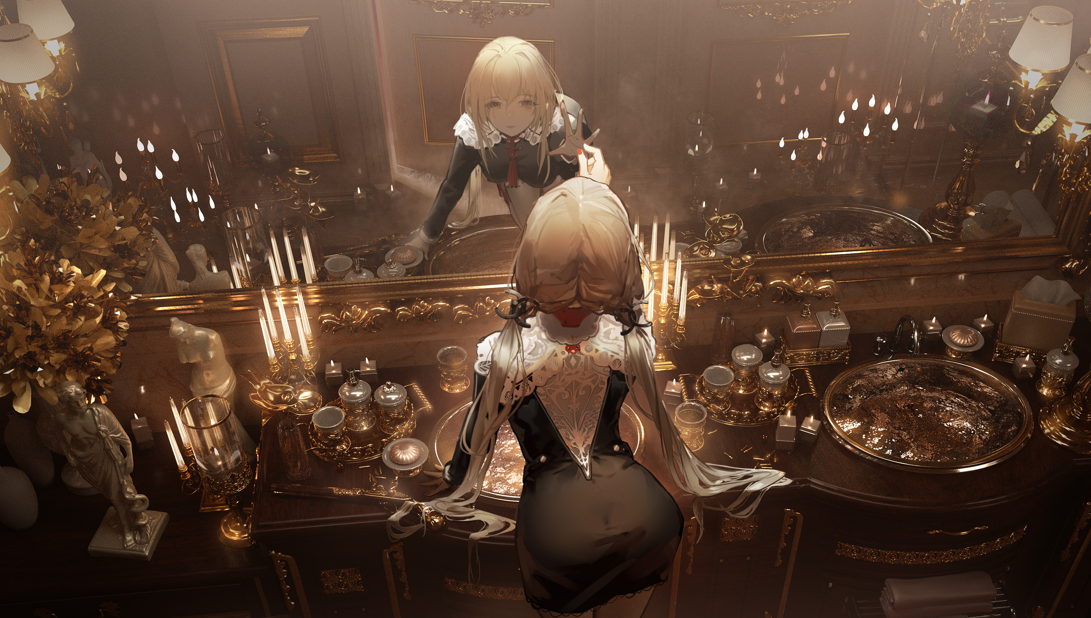 Mirror Maid Victorian Candles Reflection High Angle Anime Girls Twintails Long Hair Maid Outfit 3534x2002