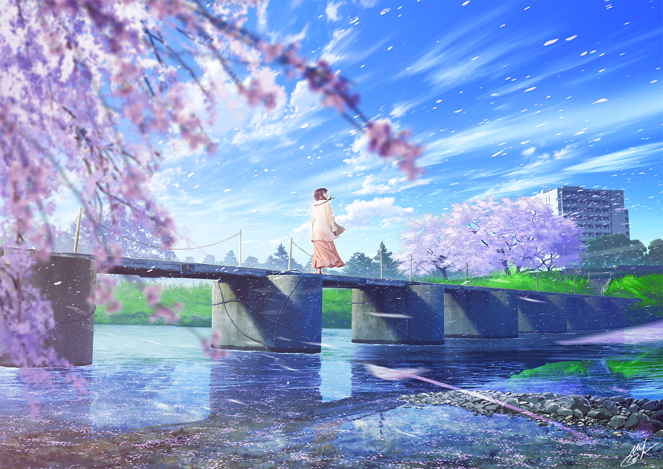 Anime Anime Girls Bridge Cherry Blossom Water Reflection Sky Clouds Trees Building Signature Standin 1303x921