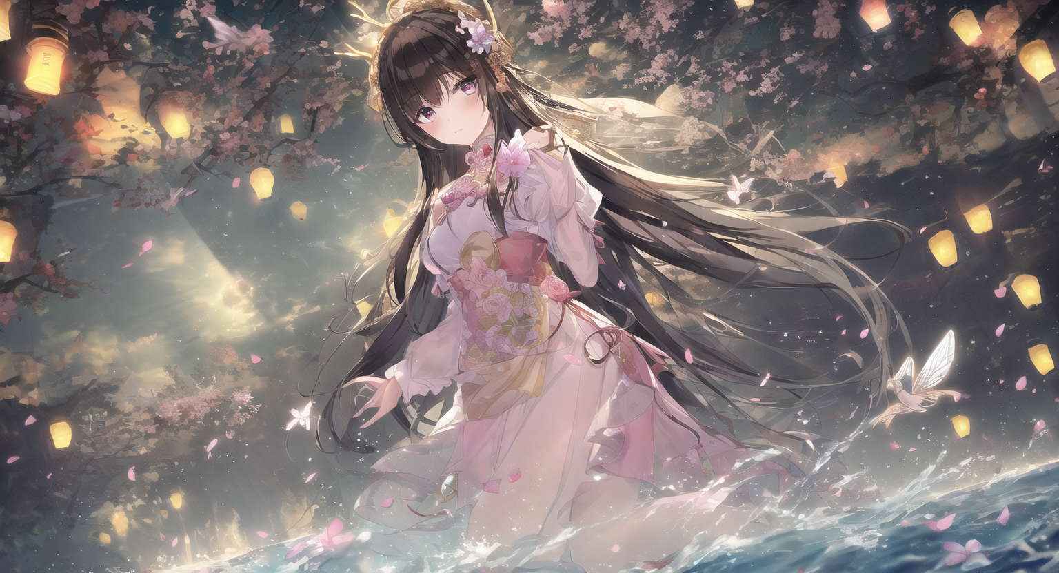 Anime Anime Girls Water Underwater Long Hair Chinese Dress Chinese Art Traditional Art Flowers Petal 1536x832