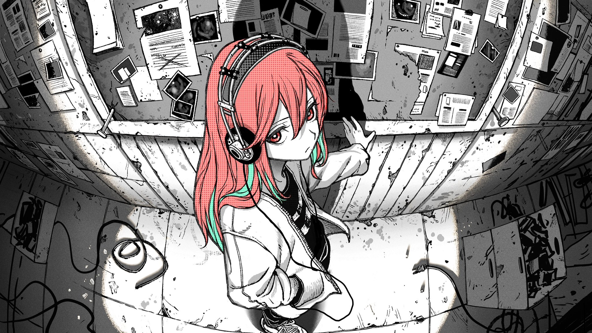 Anime Girls Readhead Headphones Two Tone Hair Fisheye Lens Long Hair Looking At Viewer Hands In Pock 2048x1152
