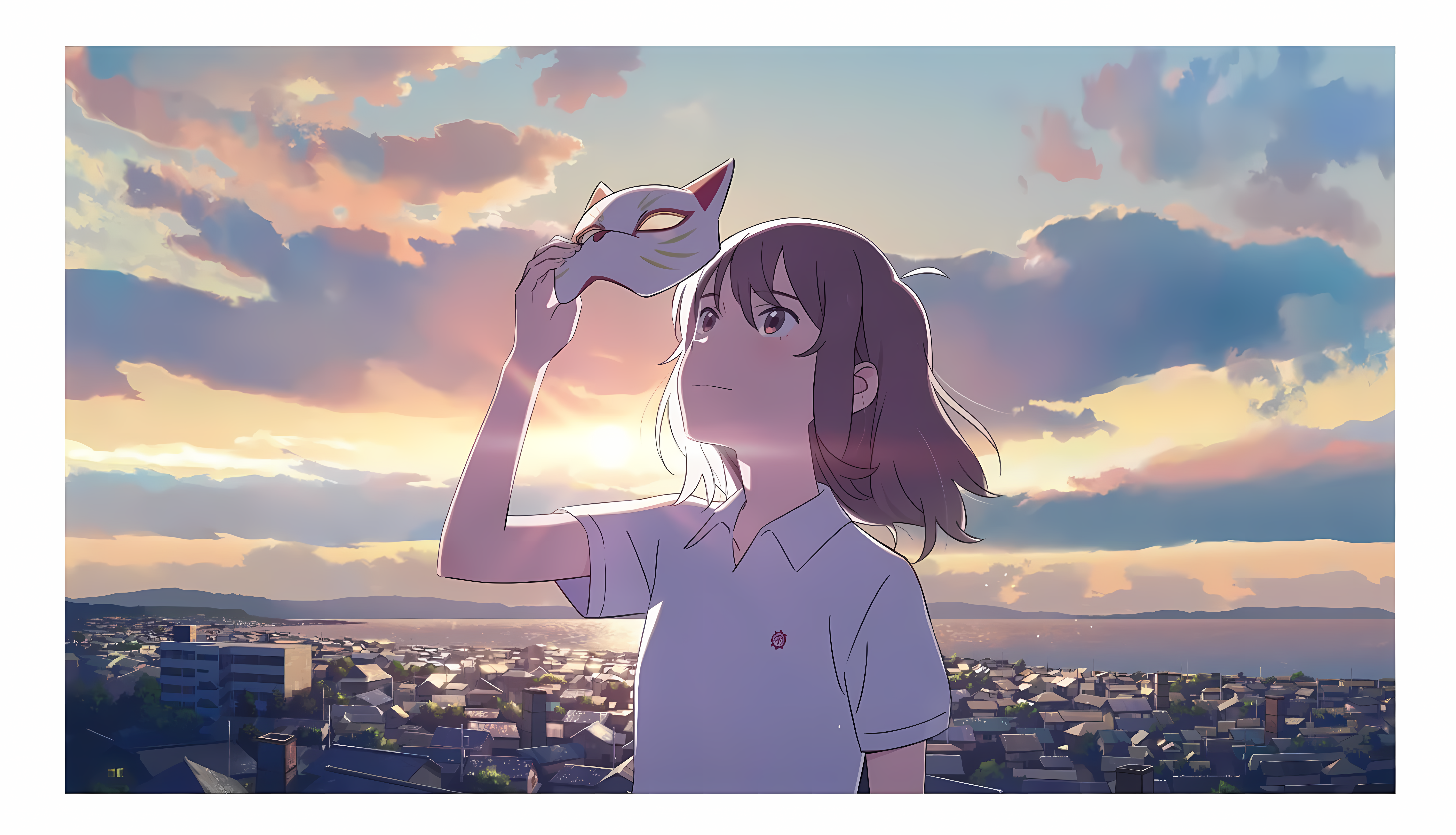 Clouds Mask A Whisker Away Studio Ghibli Miyo Sasaki Anime Girls City Cityscape Sunset 6888x3948