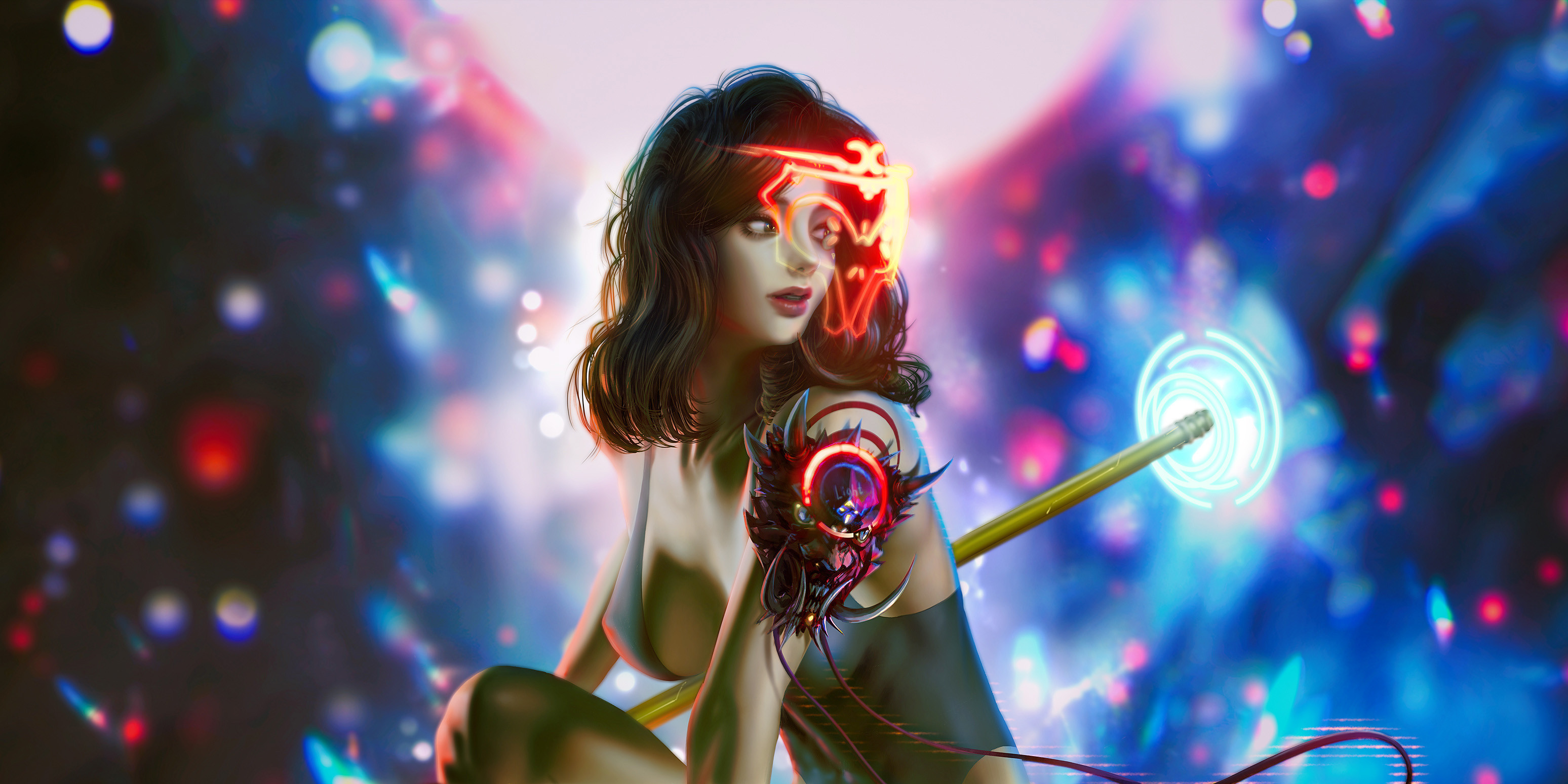 LightBox Digital Art Artwork Illustration Women Short Hair Dark Hair Cyberpunk Fantasy Girl Fantasy  3096x1548