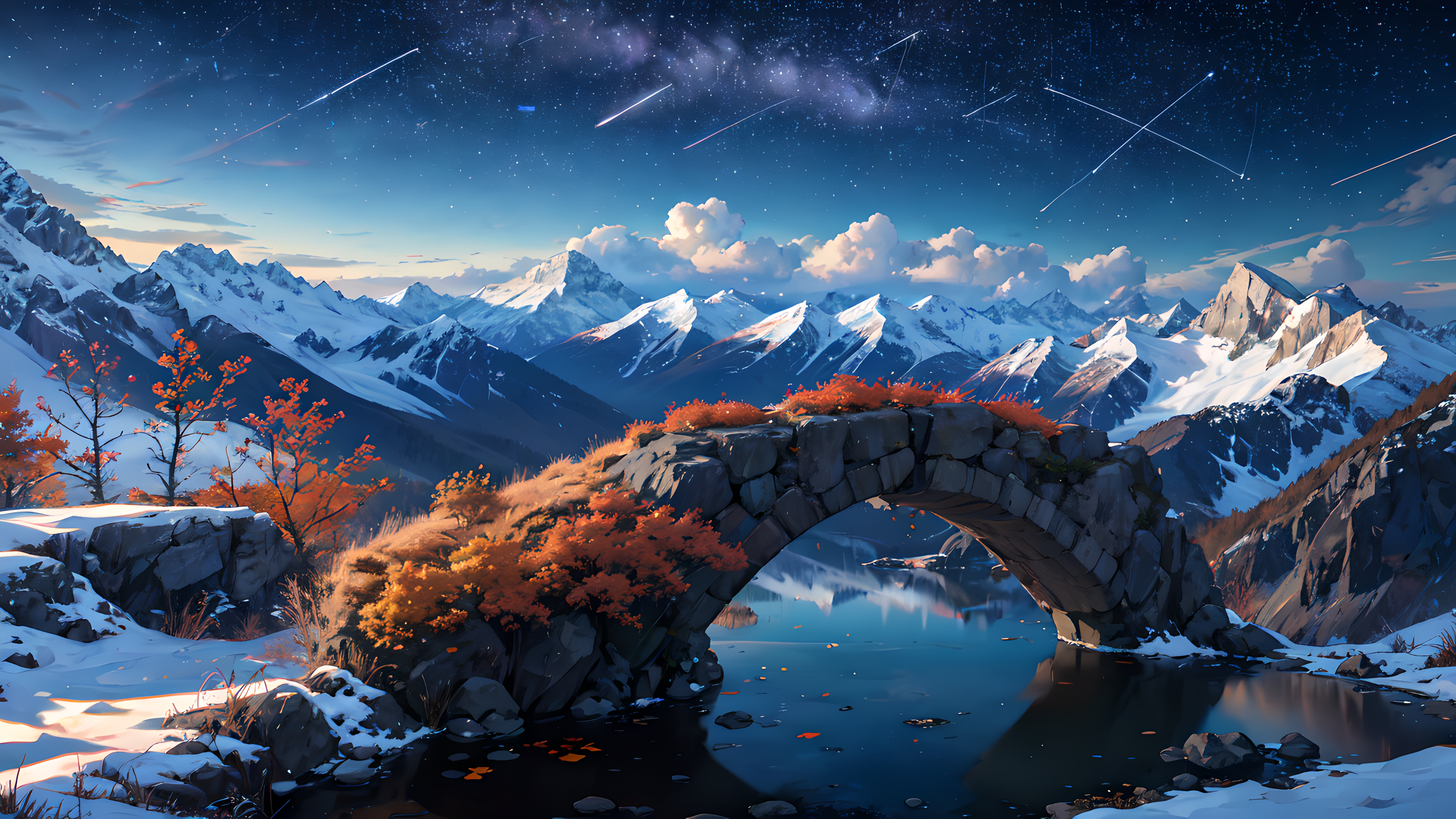 Ai Art Snowy Peak Water Arch Bridge Snow Covered Mountains Maple Leaf Nature Snow Reflection Stars S 3840x2160