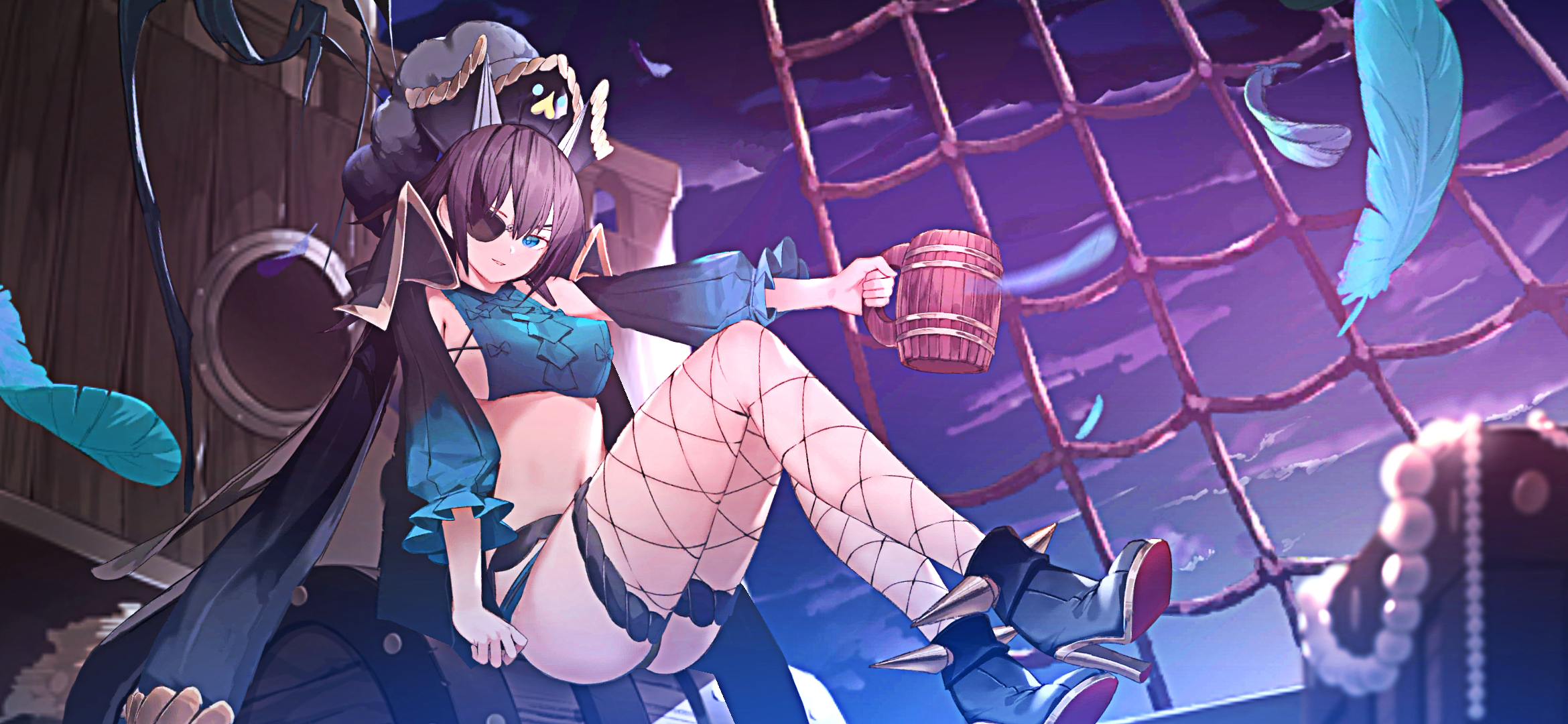 Game Characters Pirate Hat Anime Girls Anime Games Eyepatches Feathers Pirates 2340x1080