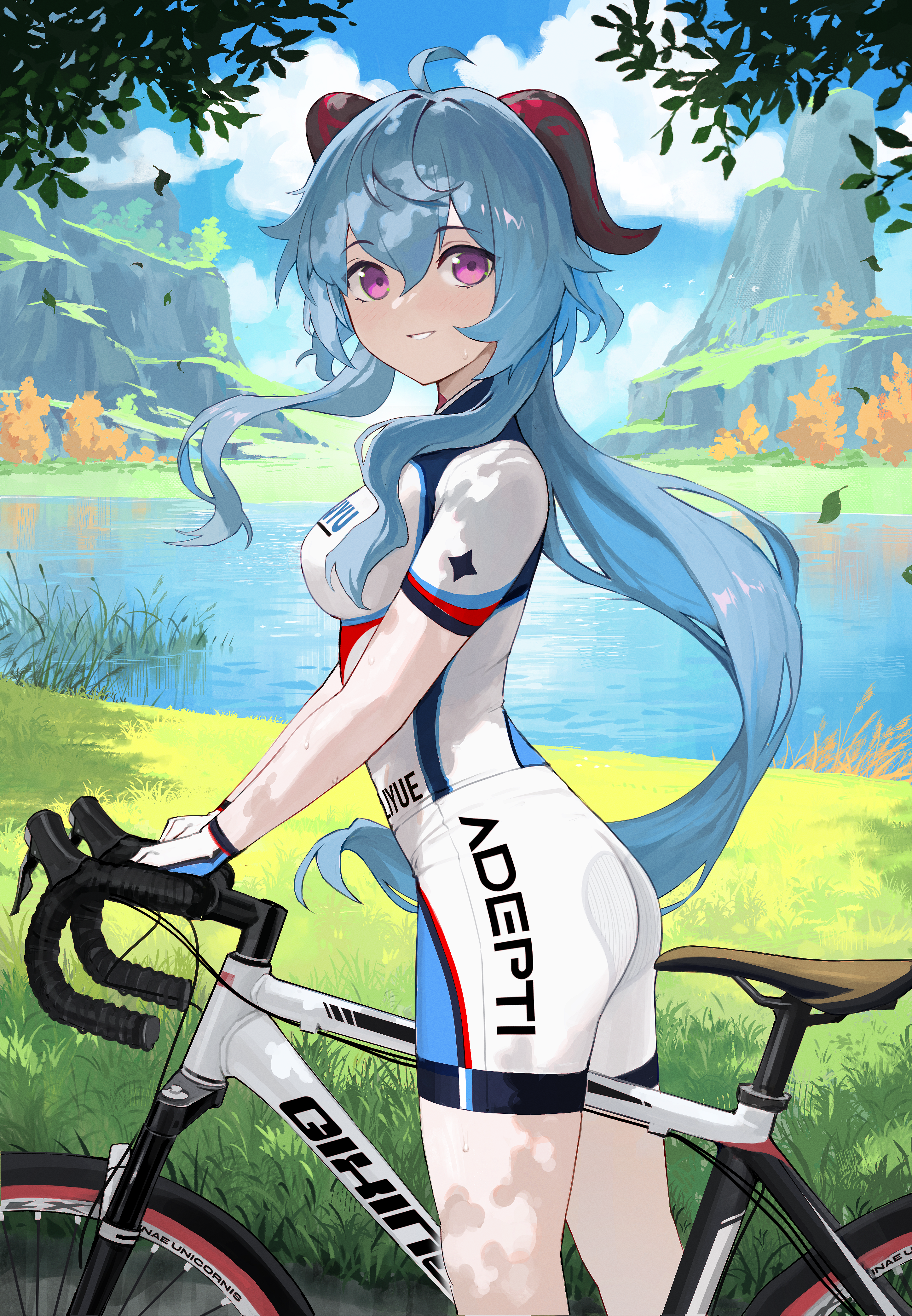 Genshin Impact Bike Shorts Bicycle Ganyu Genshin Impact Anime Girls Blue Hair Horns 2894x4177