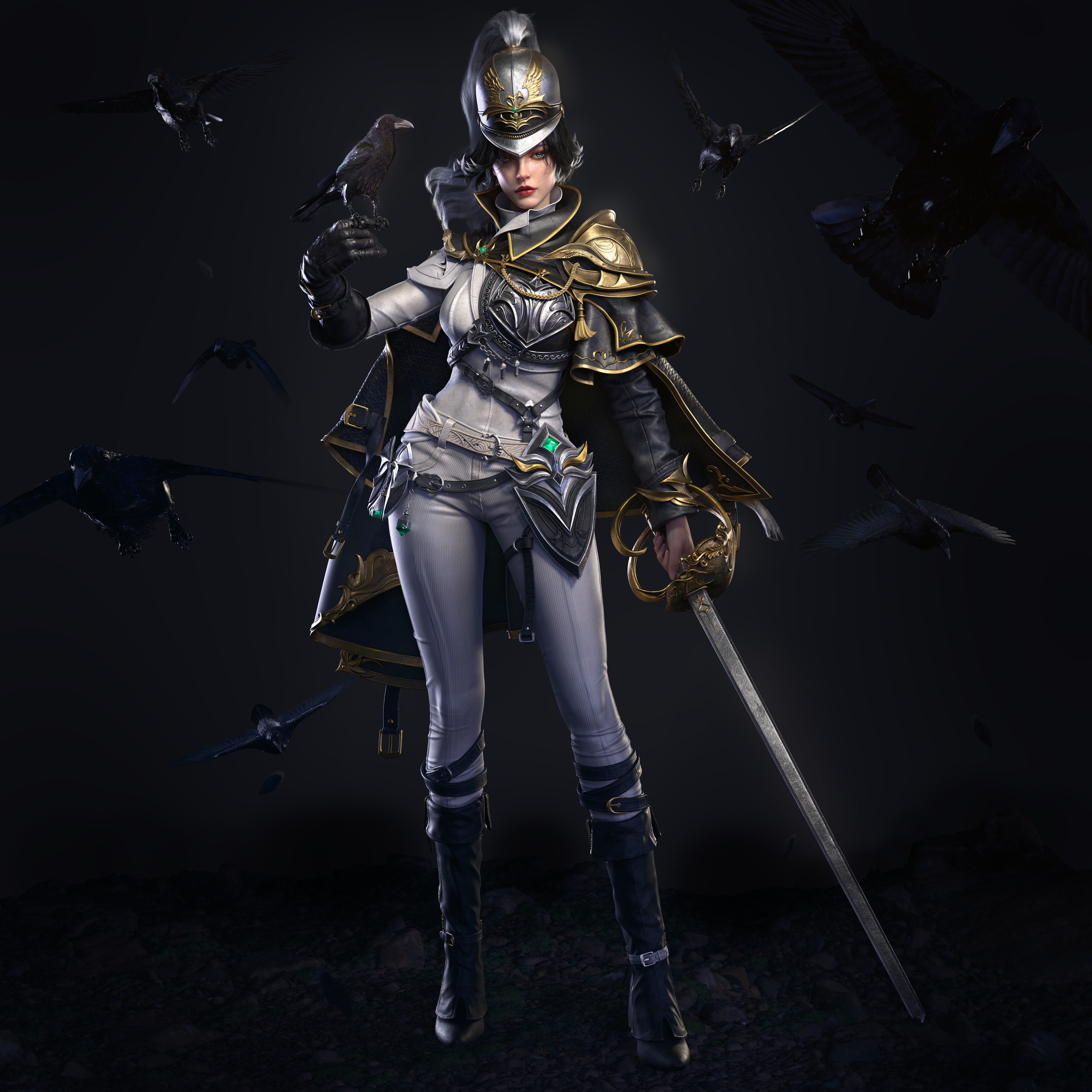 Zhang Yiwei CGi Women Helmet Warrior Weapon Sword Rapier Crow Dark 3840x3840
