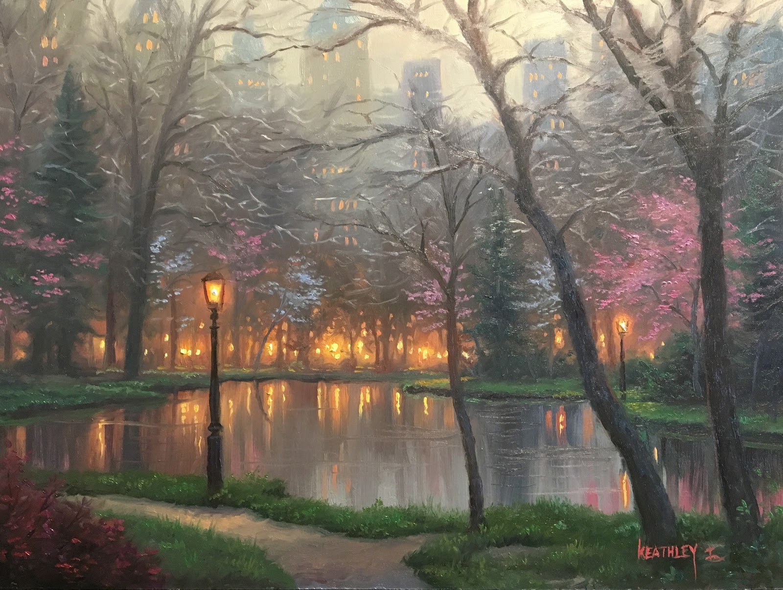 Mark Keathley Painting Park Lights Lake Nature Artwork Water 1600x1207