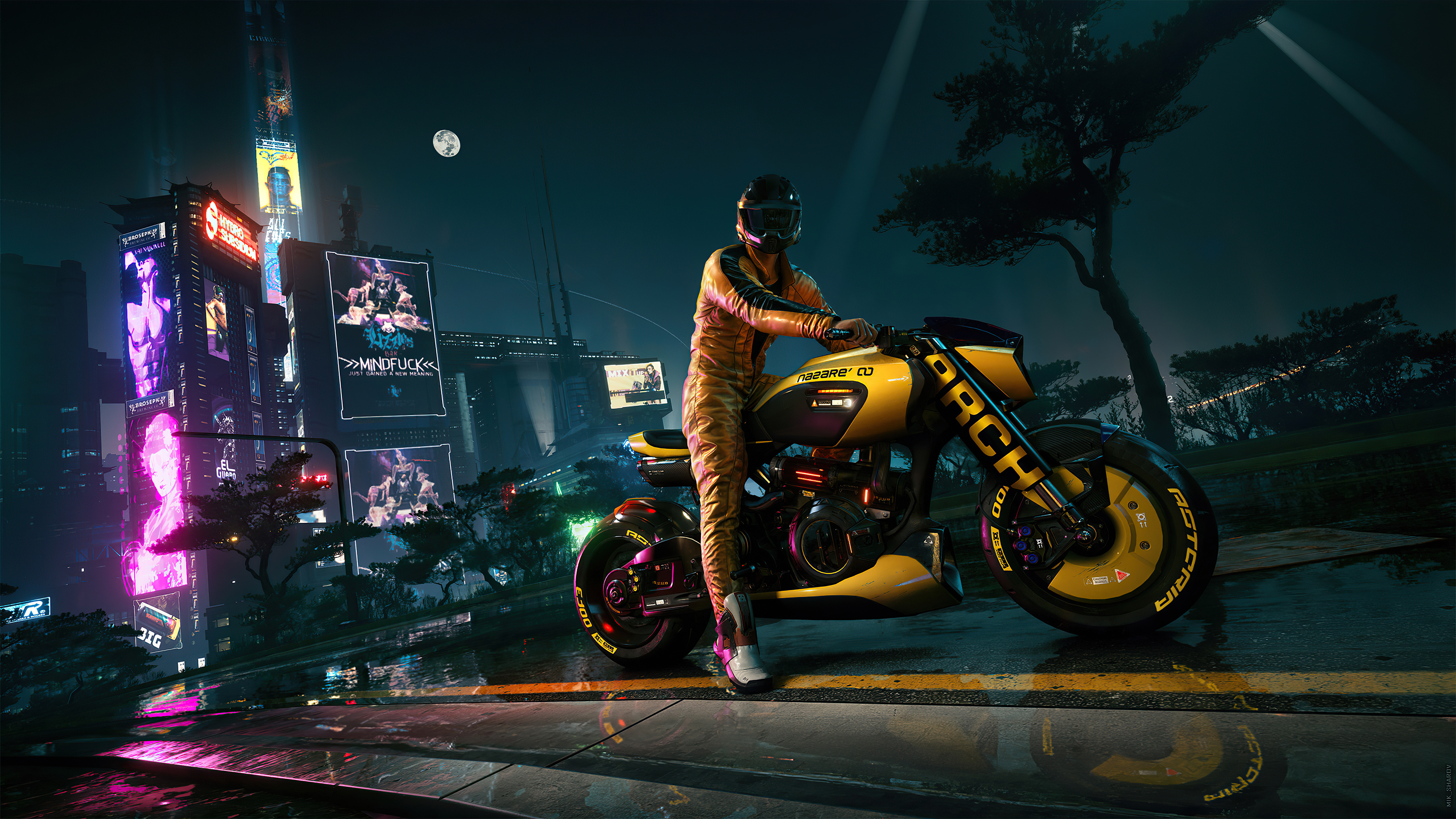 Biker Cyberpunk 2077 Video Games Motorcycle City Night Moon Helmet Reflection Looking At Viewer City 3840x2160