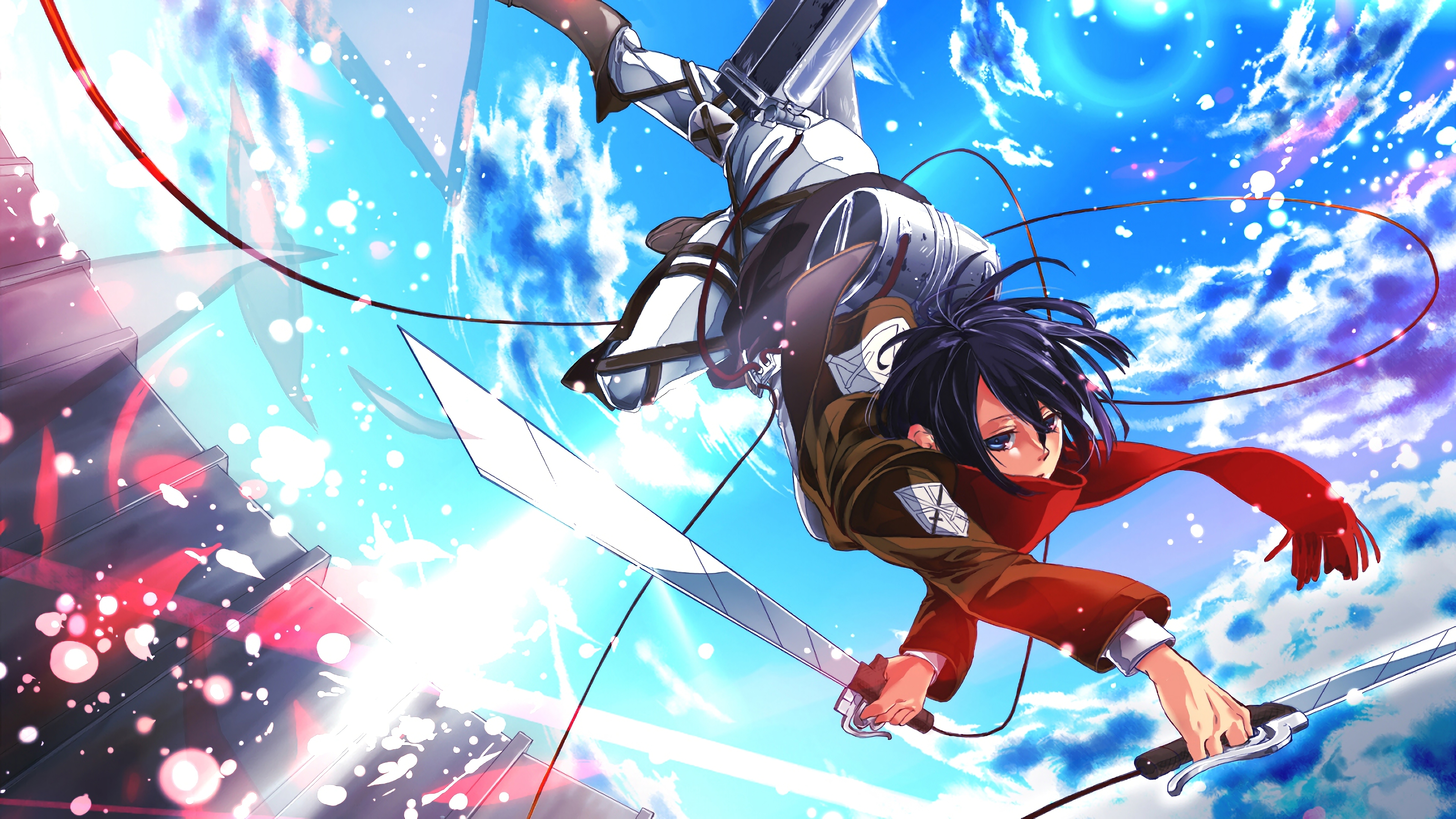 Shingeki No Kyojin Mikasa Ackerman Black Hair Sky Sword Scarf Flying Anime Girls 3840x2160