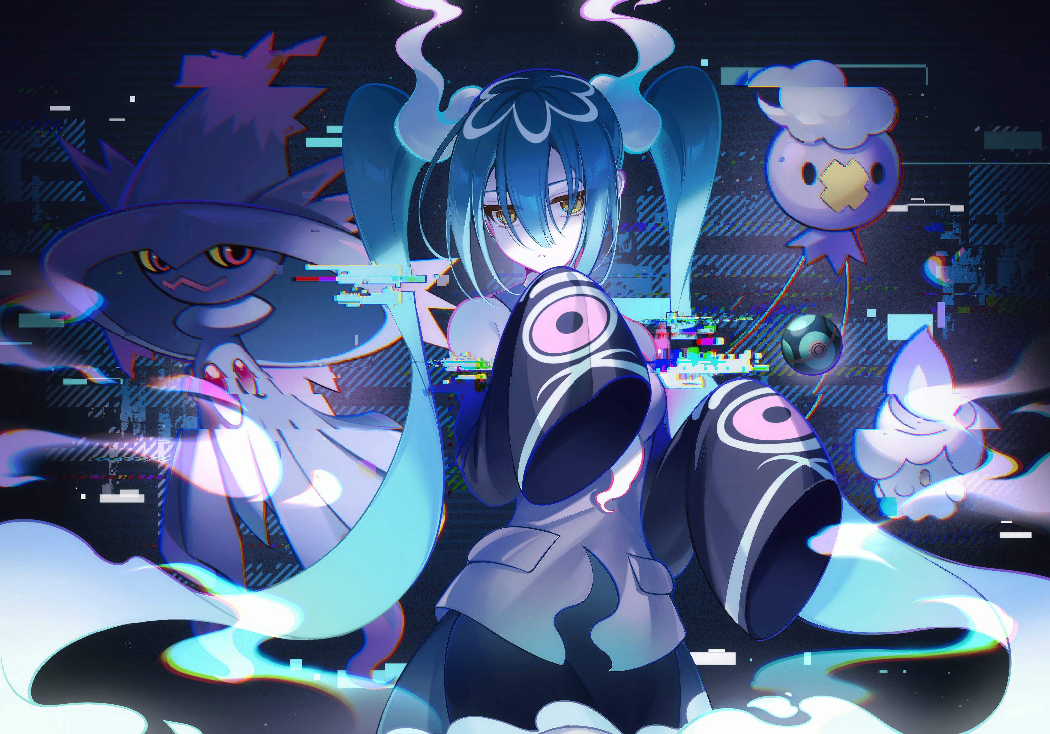 Anime Girls Anime Hatsune Miku Vocaloid Pokemon Looking At Viewer Long Hair Twintails Blue Hair Yell 3500x2445