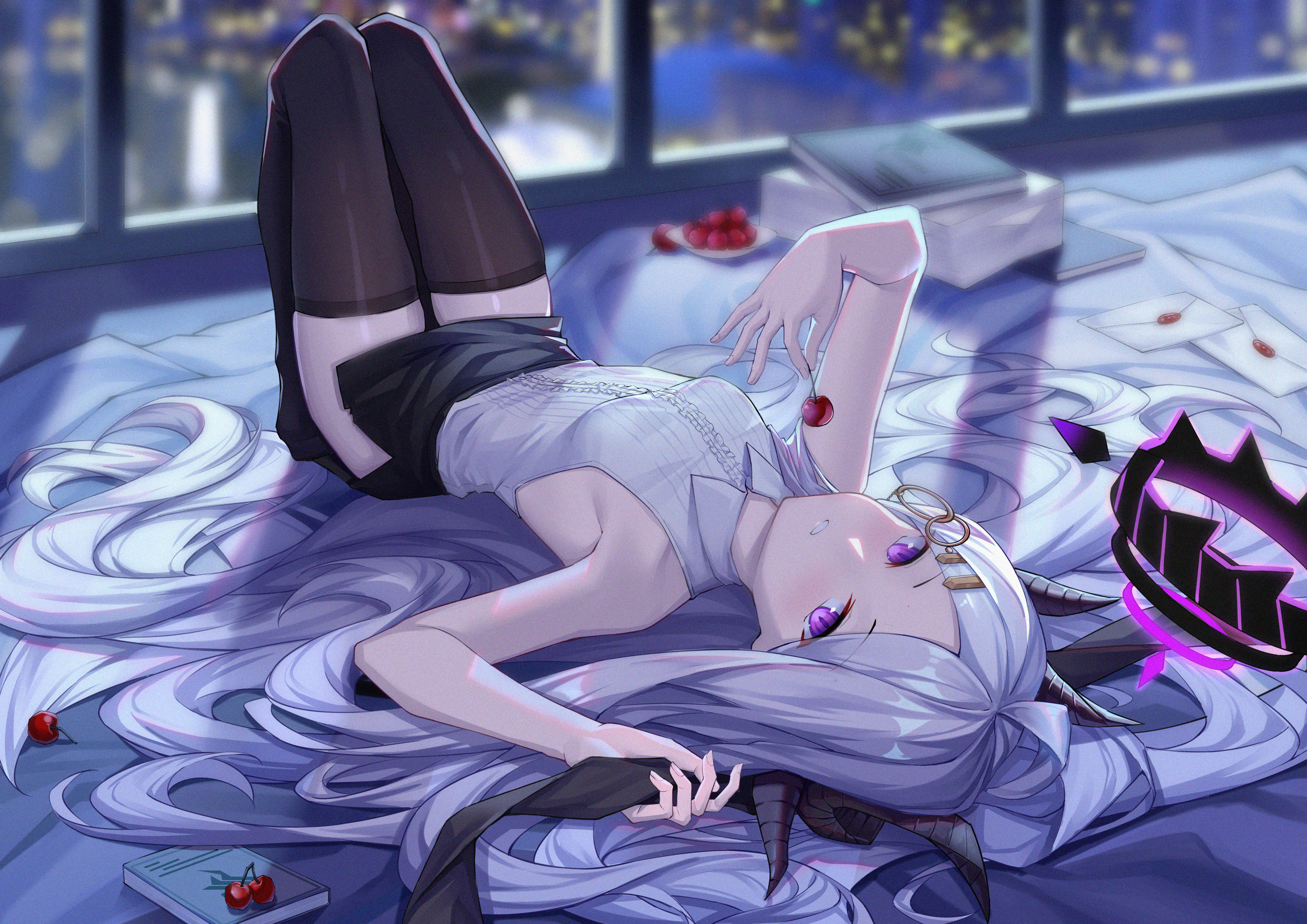 Anime Anime Girls Purple Hair Lying Down Long Hair Cherries Fruit Food 3000x2121