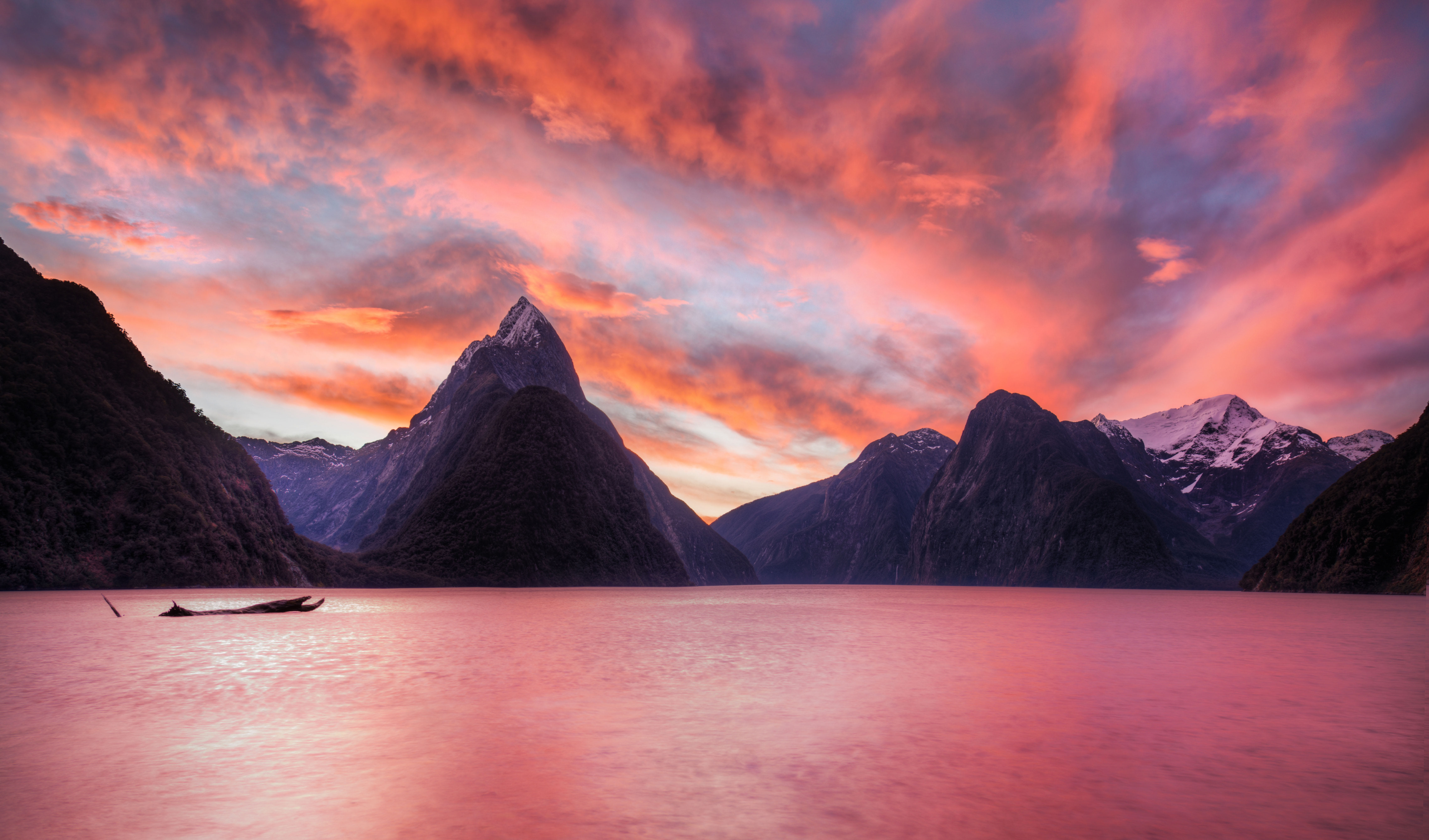 Milford Sound New Zealand HDR Pink Sunset Fjord National Park Landscape Nature Mountains Clouds Lake 6877x4044