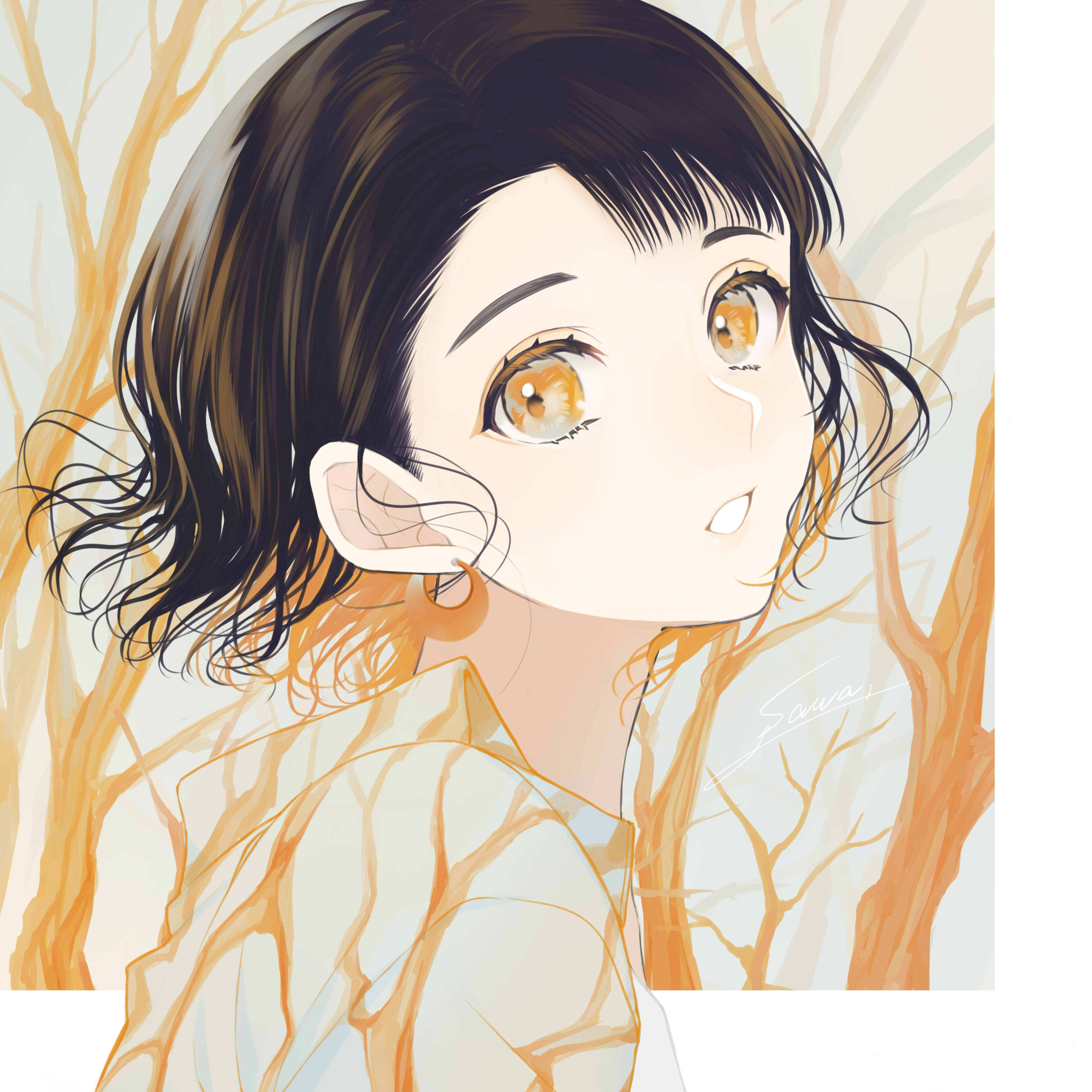 Anime Girls Anime Short Hair Brunette Brown Eyes Dead Trees Looking At Viewer Earring Signature Soga 5000x5000