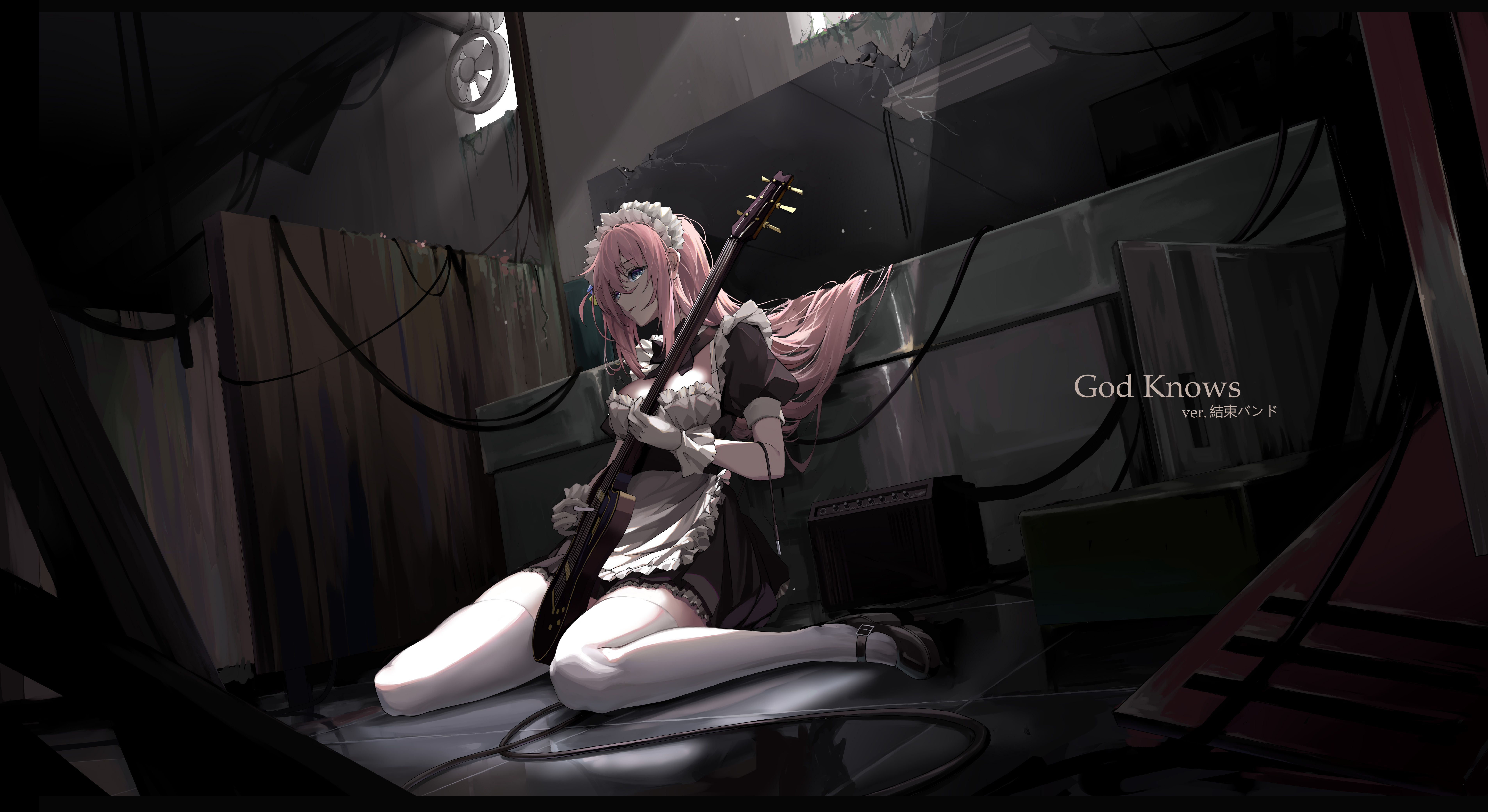 BOCCHi THE ROCK Anime Girls Anime Maid Maid Outfit Pink Hair Blue Eyes Gloves Guitar Women Indoors H 7620x4160