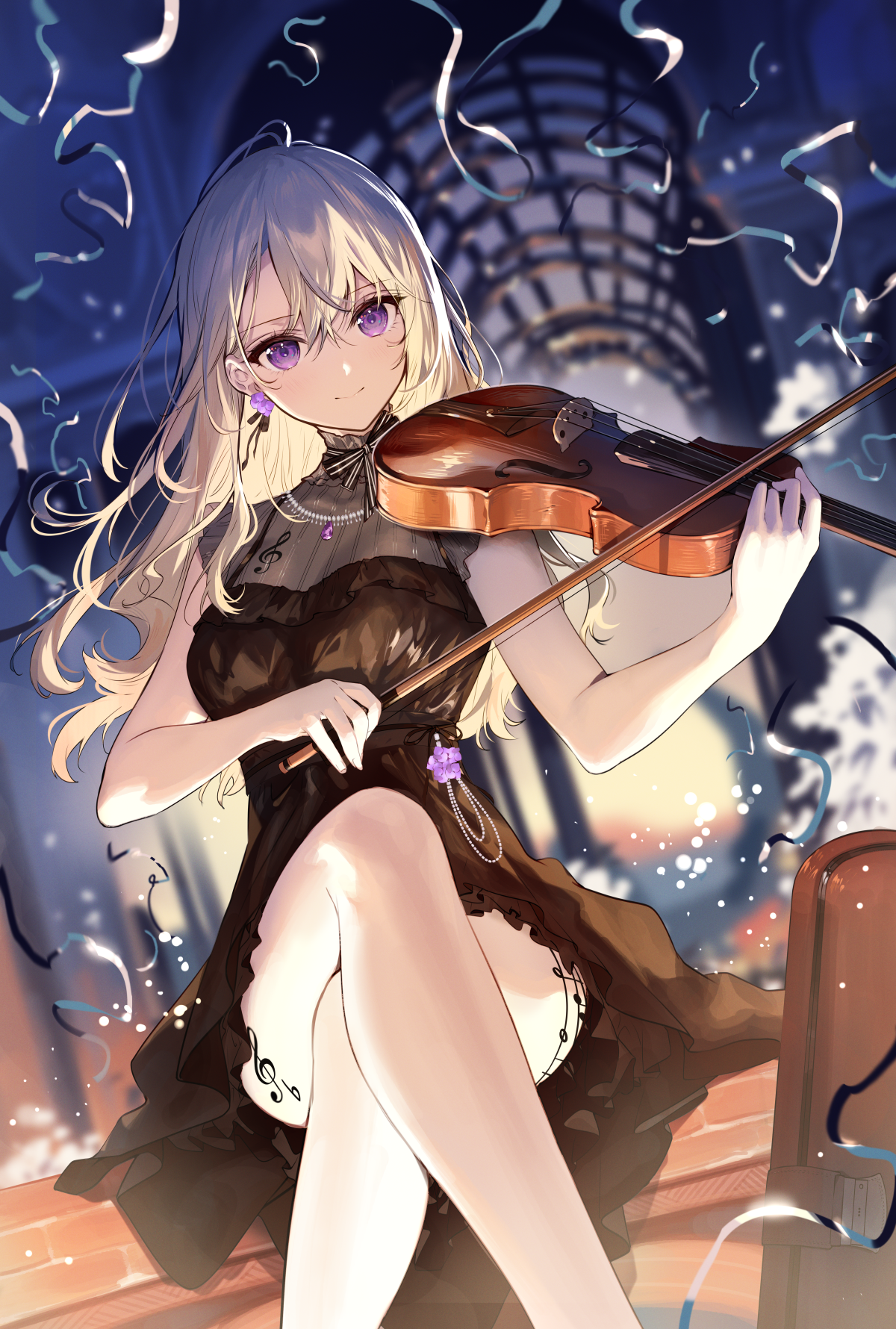 Anime Anime Girls Vertical Violin Musical Instrument Legs Crossed Dress Treble Clef Confetti Musical 1200x1780