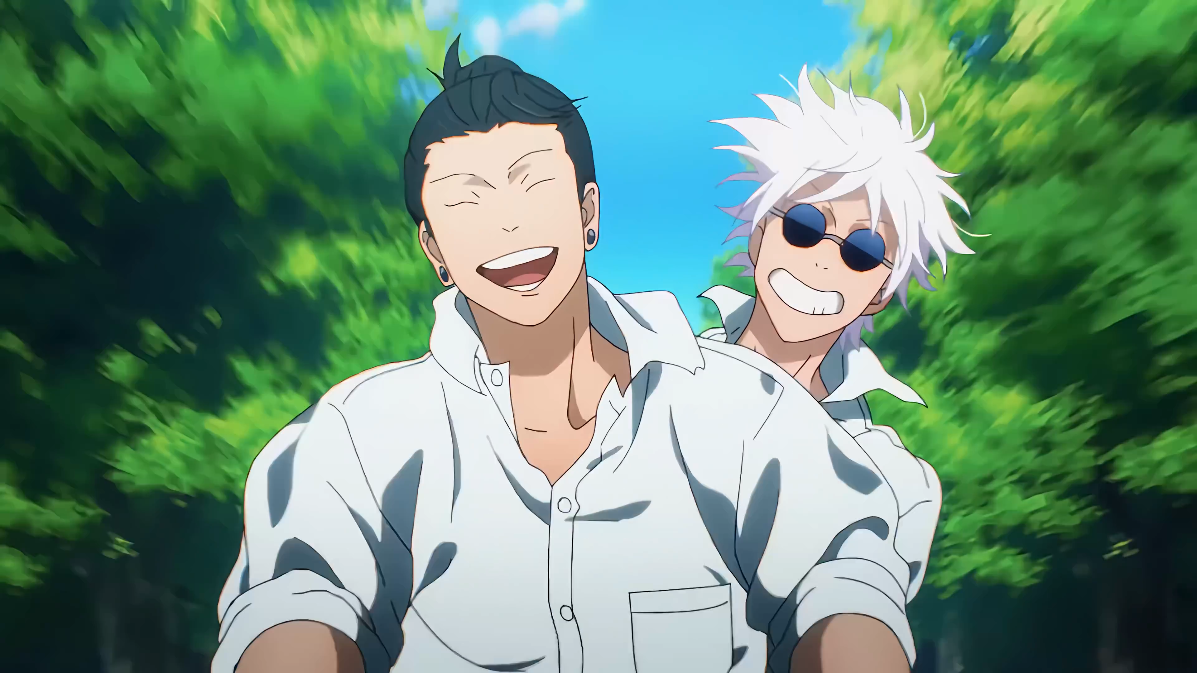 Jujutsu Kaisen Satoru Gojo Suguru Geto Anime Anime Screenshot Anime Boys Trees Smiling Closed Eyes O 3840x2160