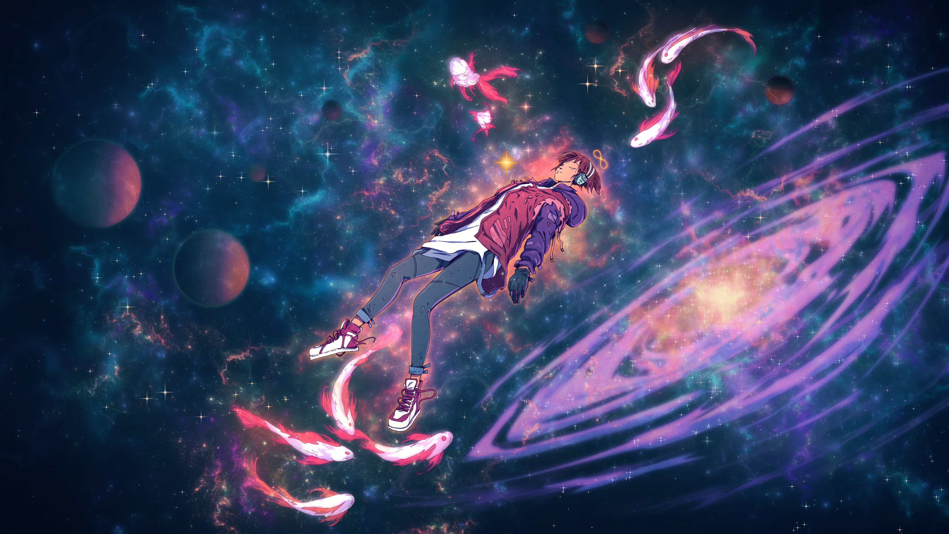 Christian Benavides Digital Art Fantasy Art Fish Surreal Space Headphones Artwork Stars Planet Galax 3840x2160
