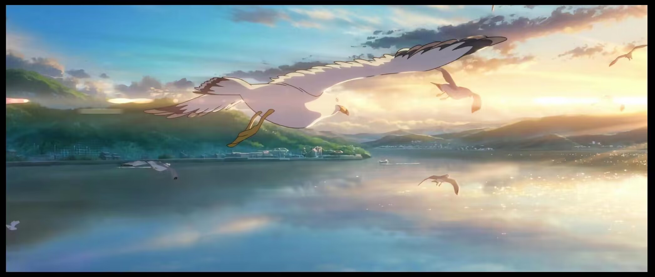 Suzume Bird Of Prey Anime Anime Screenshot Water Sea Clouds Sunset Sunset Glow Mountains Sky Animals 2092x886