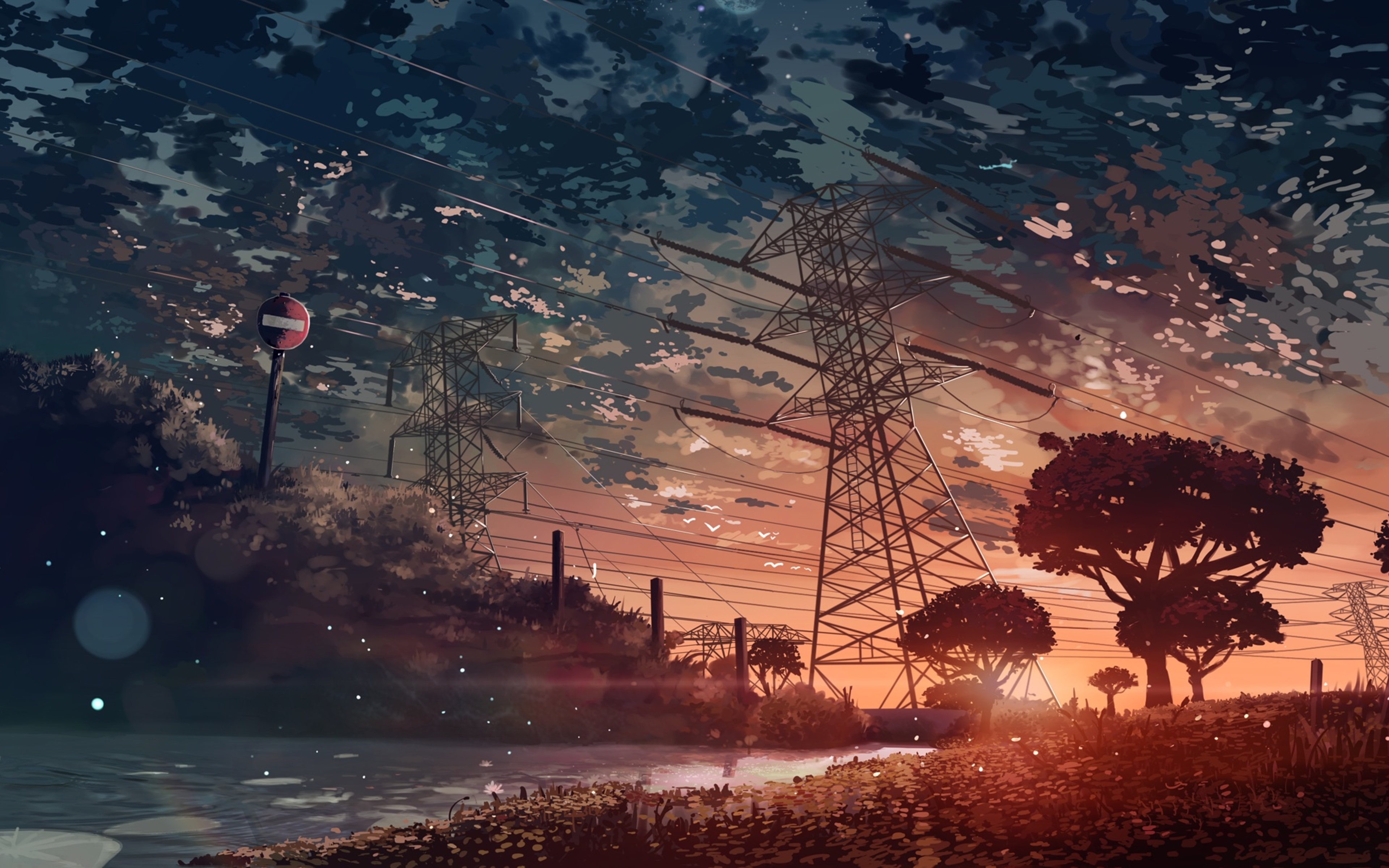 Anime Pylon Sunset Glow Clouds Trees Power Lines Artwork Kein Tan 3840x2400