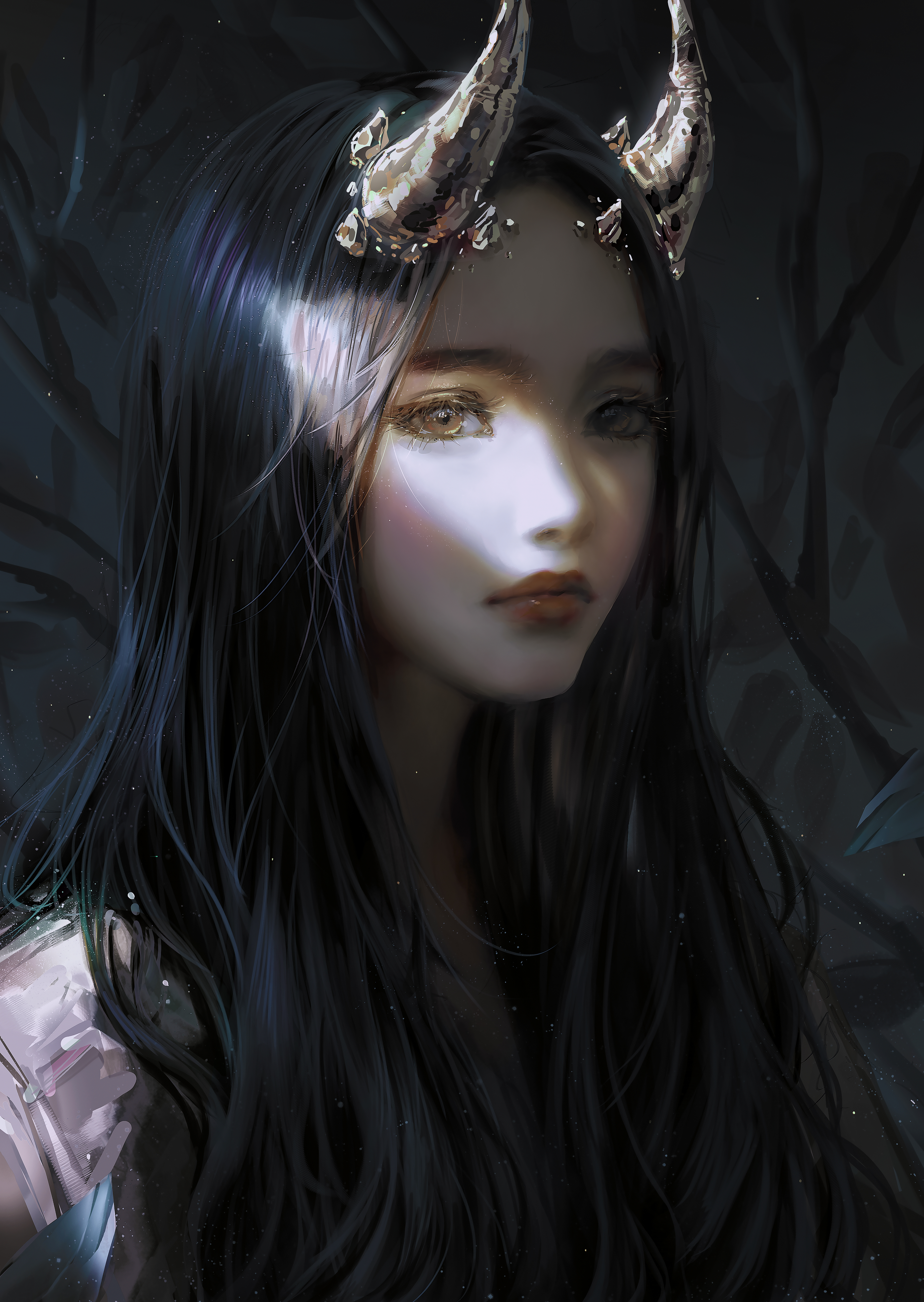 Nixeu Digital Art Artwork Illustration Women Portrait Horns Sunlight Long Hair Dark Hair Looking At  4000x5636