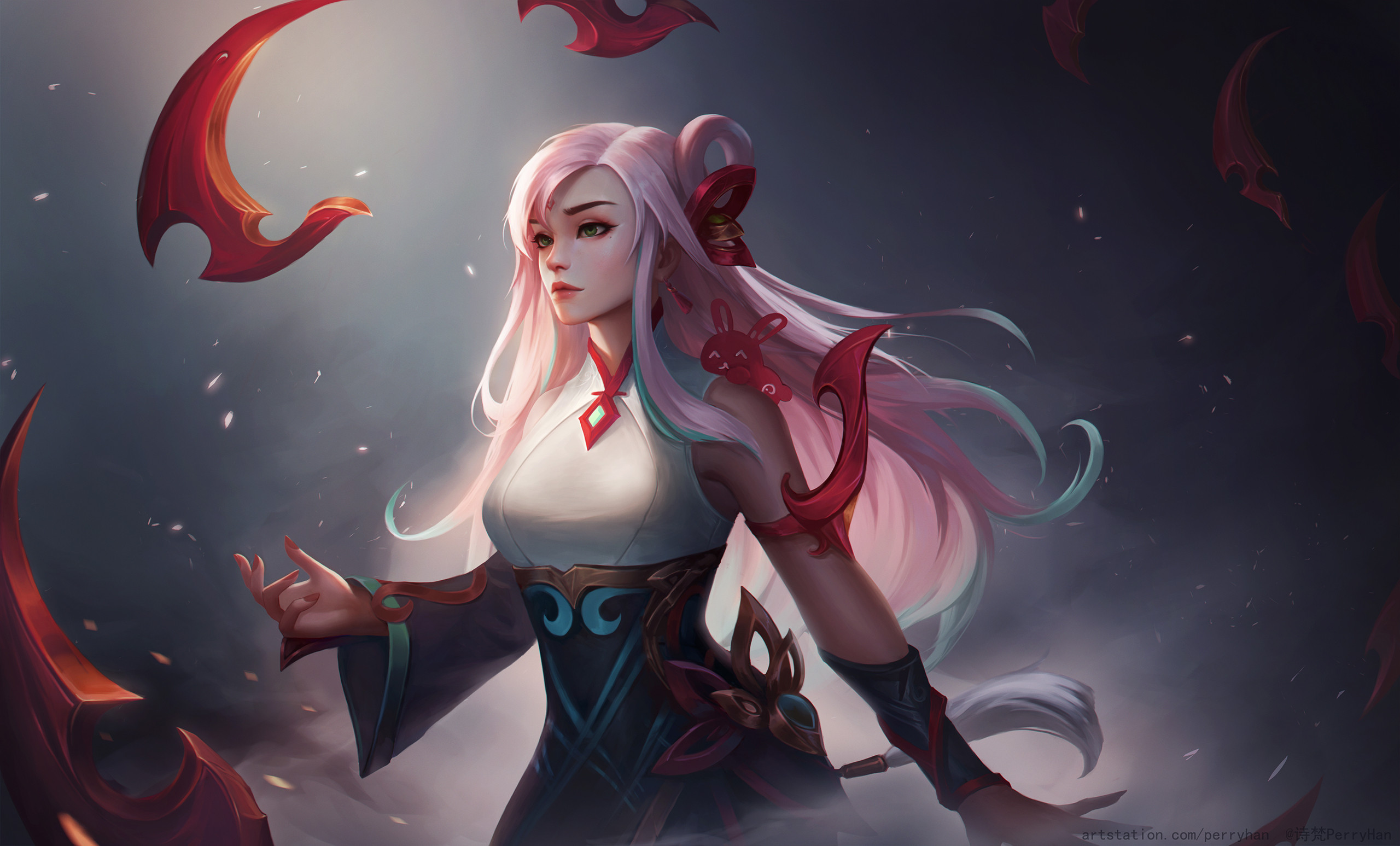 PerryHan Zhang Drawing Irelia League Of Legends Pink Hair Video Game Art Red Moles Long Hair Video G 2560x1547