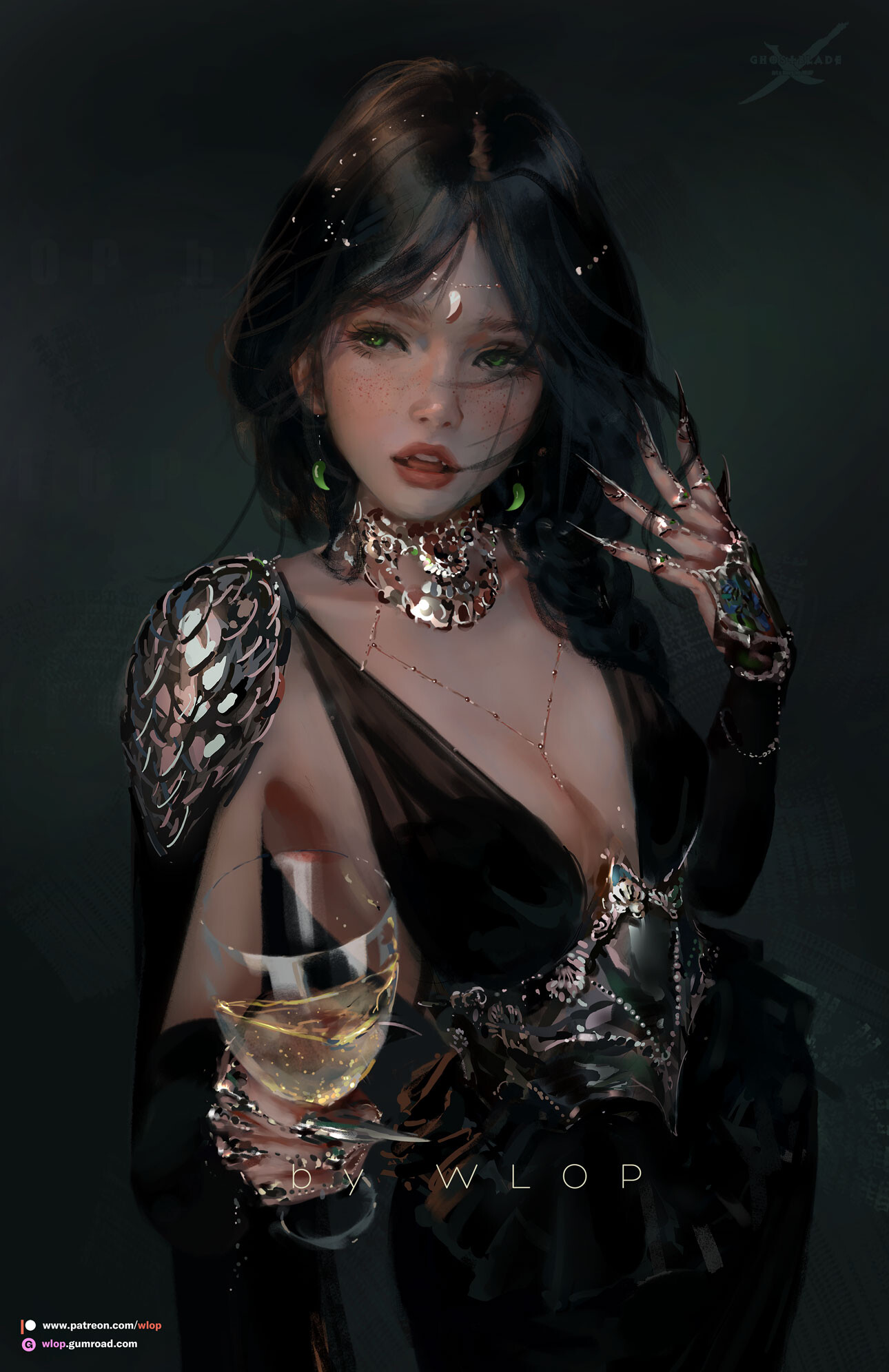 WLOP Drawing Women Dark Hair Green Eyes Dress Black Clothing Champagne Jewelry Simple Background Ver 1290x1992