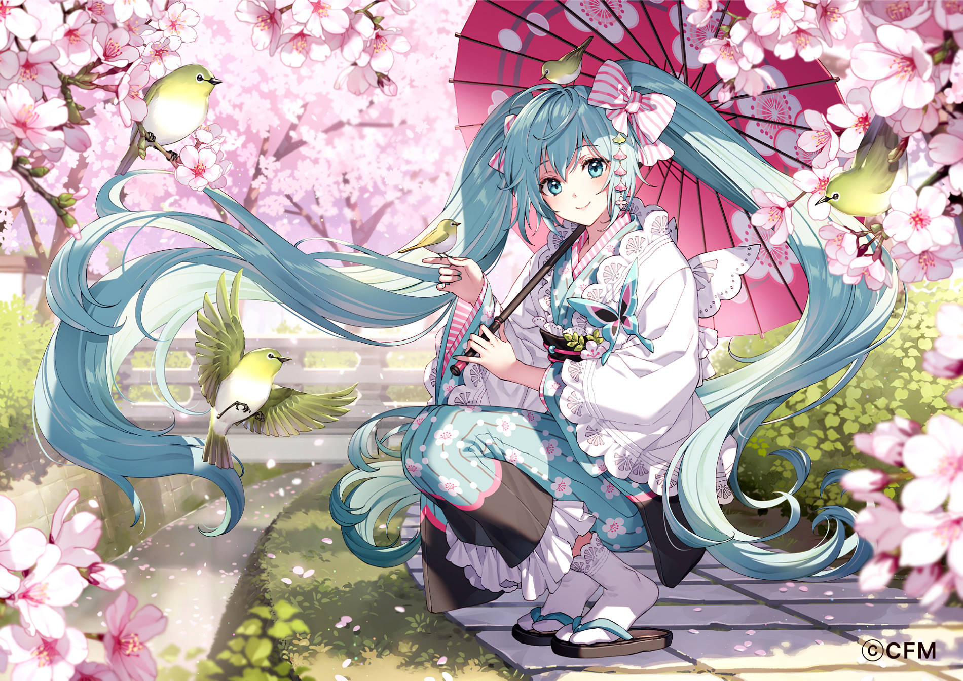 Anime Anime Girls Hatsune Miku Vocaloid Twintails Long Hair Umbrella Petals Watermarked Birds Animal 1900x1344