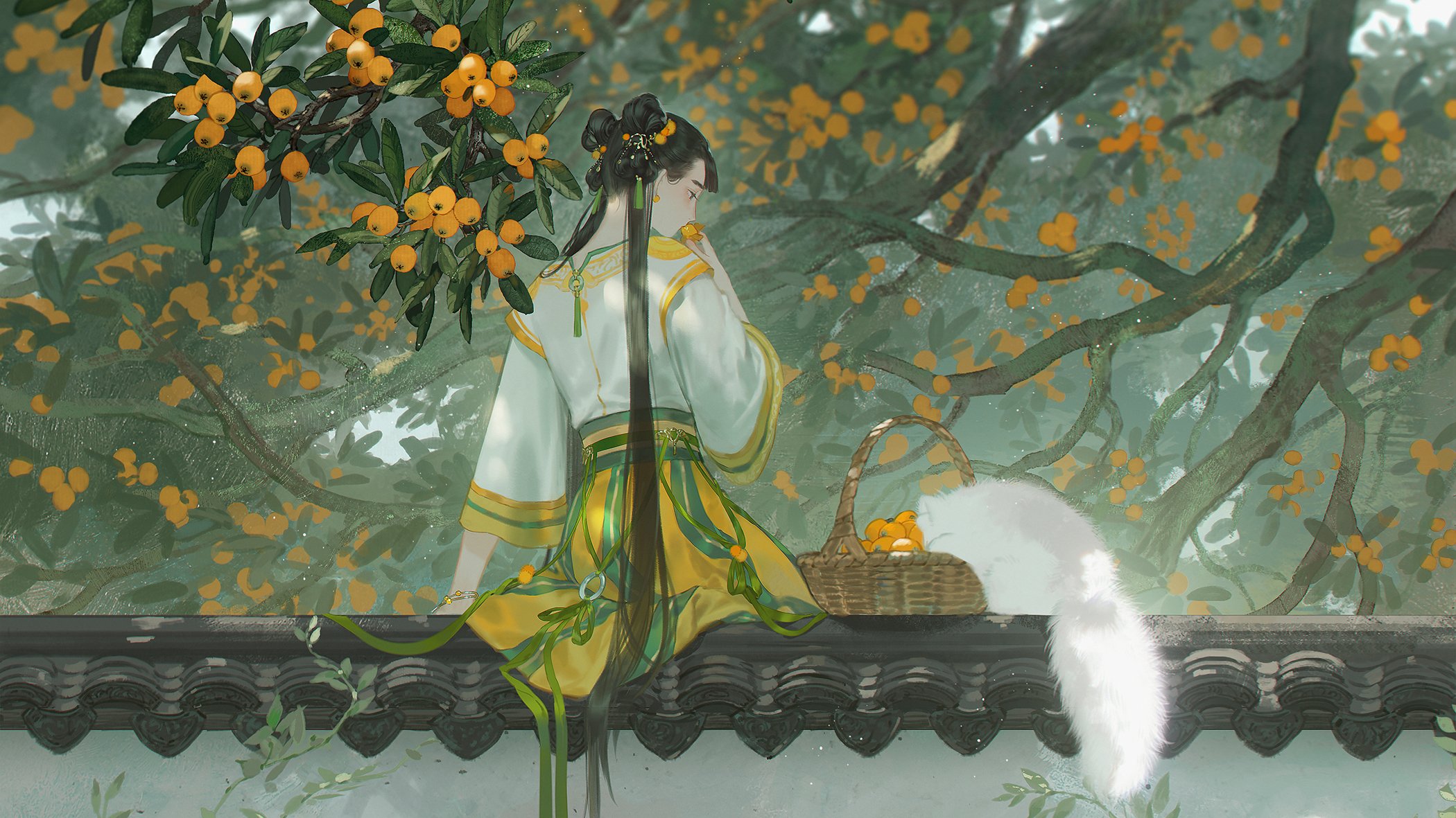 Anime Girls Rear View Chinese Clothing Trees Anime Girls Eating Eating Fruit Animals Cats Long Hair  2100x1181