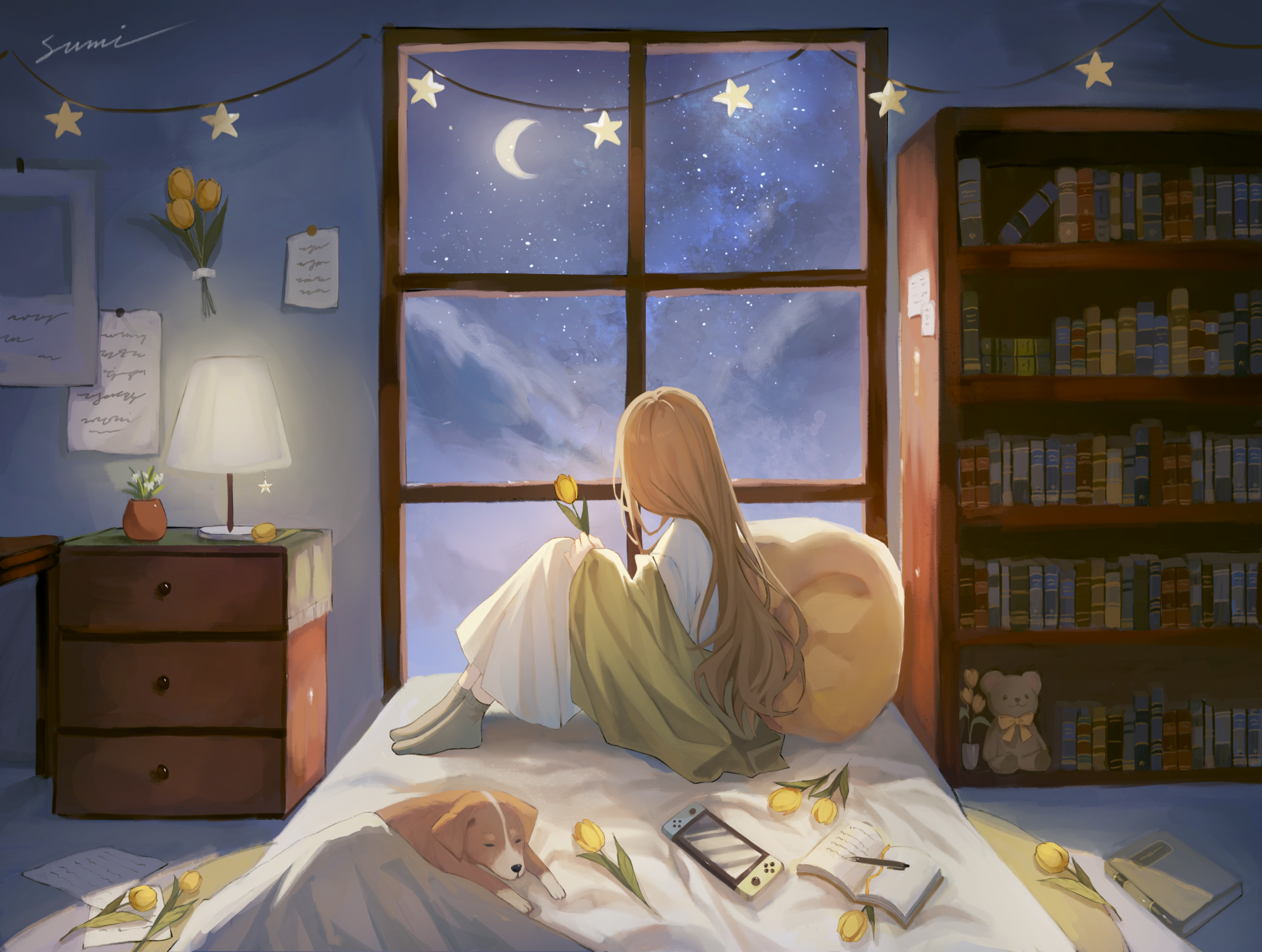 Anime Anime Girls Long Hair Window Crescent Moon Stars Night Sitting Bed Dog Animals Interior Room L 2275x1716