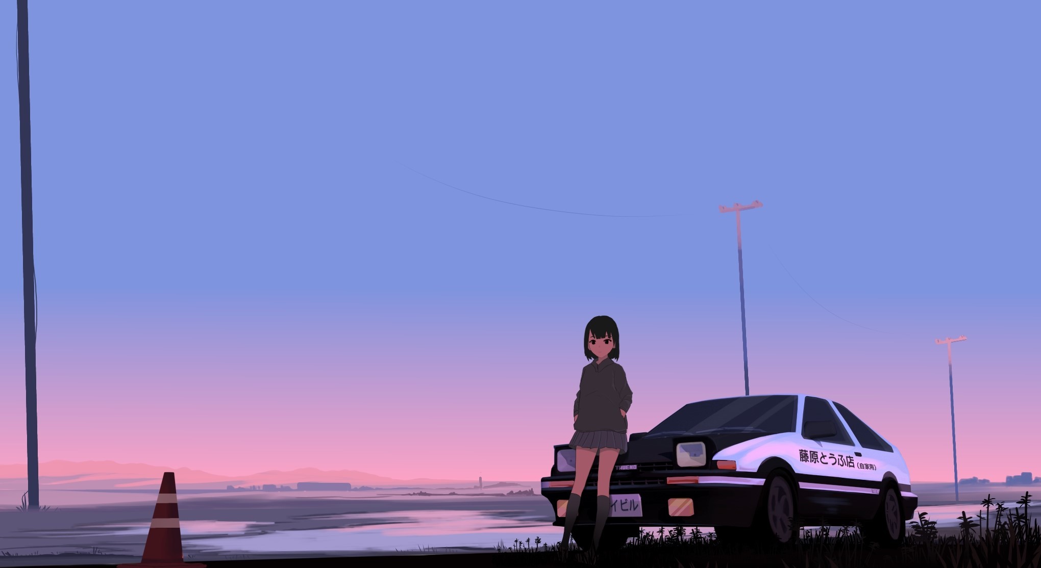 Initial D Anime Girls Car Looking At Viewer Hands In Pockets Standing Short Hair Frontal View Japane 2040x1114