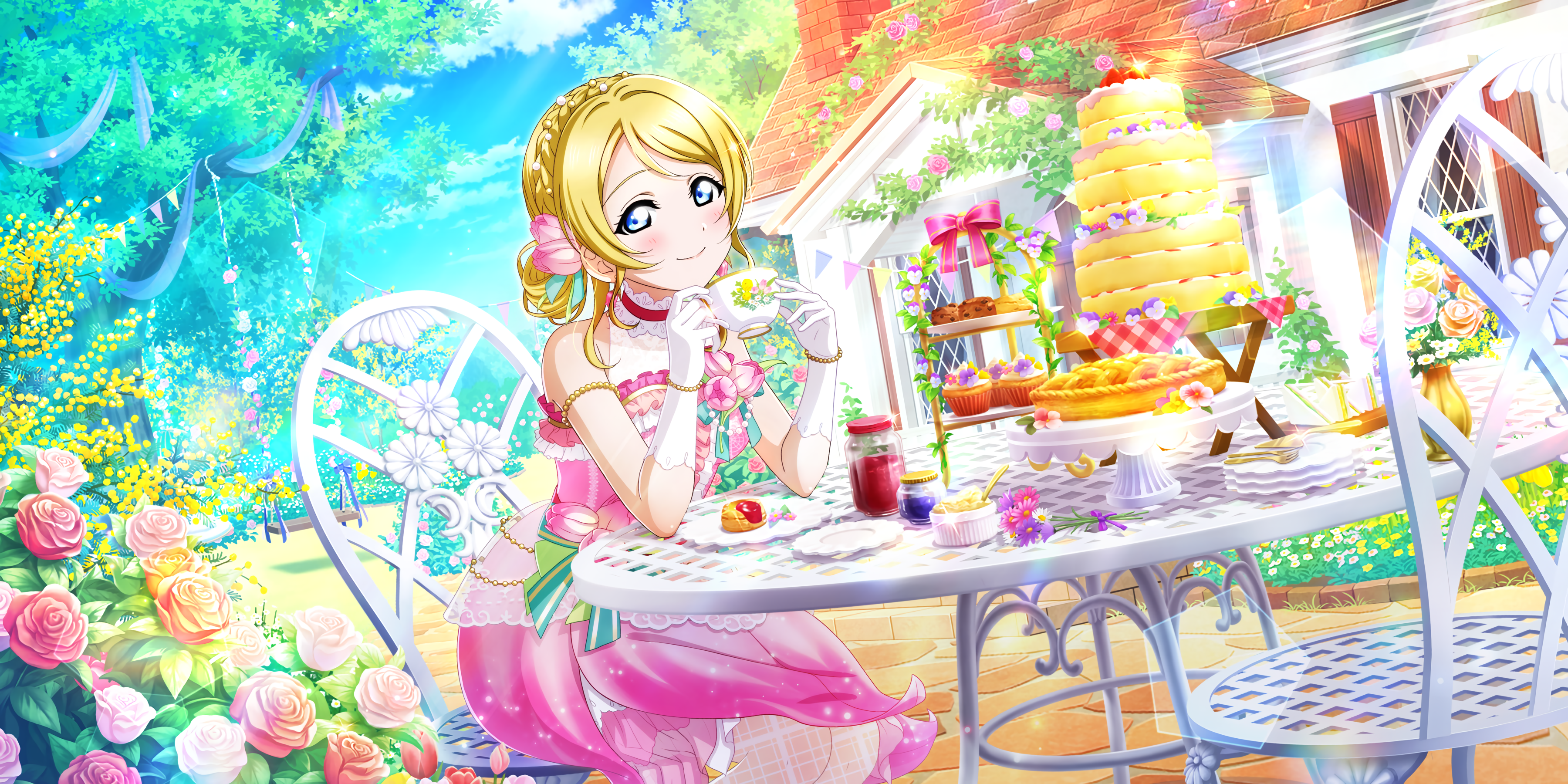 Ayase Eli Love Live Anime Anime Girls Smiling Blushing Gloves Chair Flowers Cup Sweets Cupcakes Tea  3600x1800