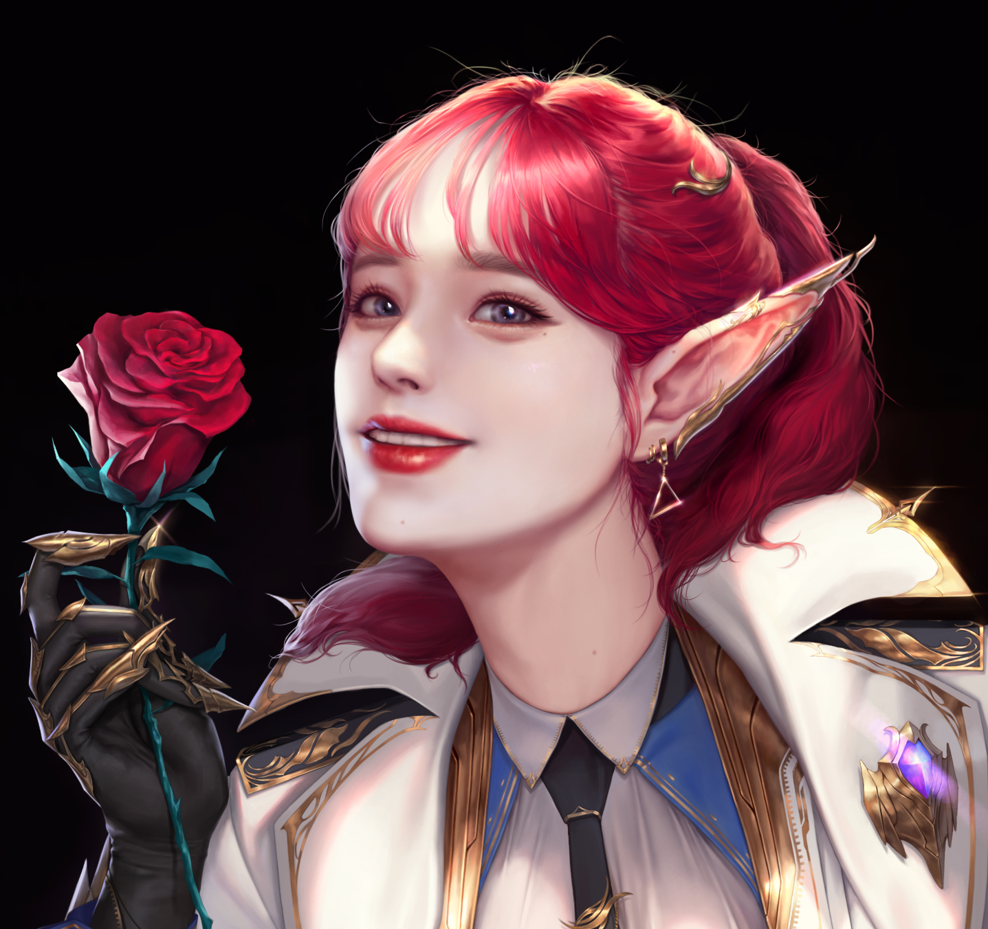 Fantasy Girl Painting Yong Jun Park Redhead Pointy Ears Rose 1437x1352
