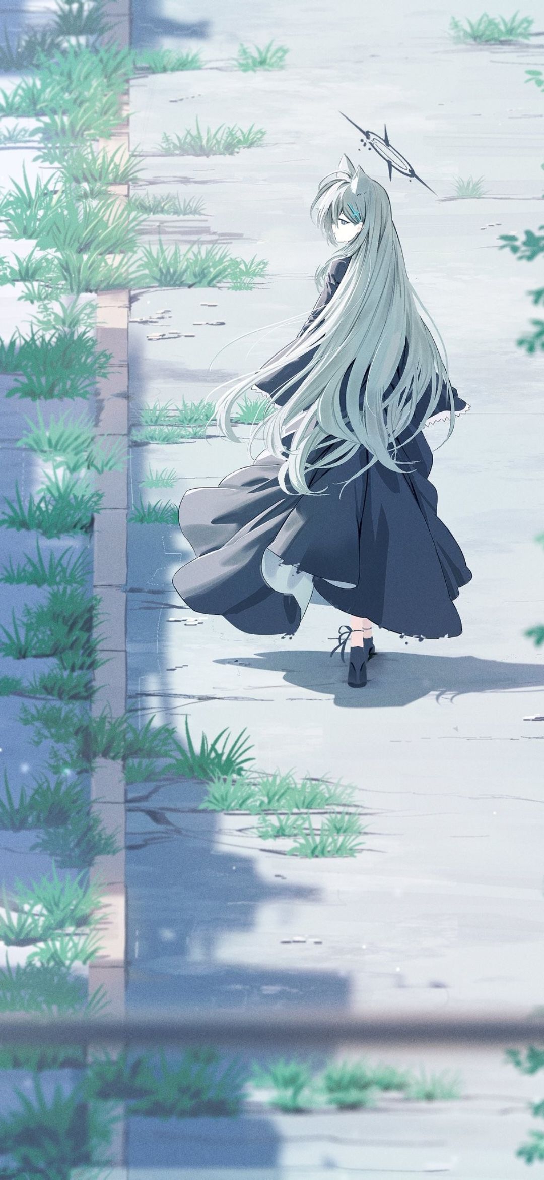 Anime Anime Girls Grass Long Hair Looking Back Outdoors Women Outdoors Gray Hair Heels Portrait Disp 1080x2340