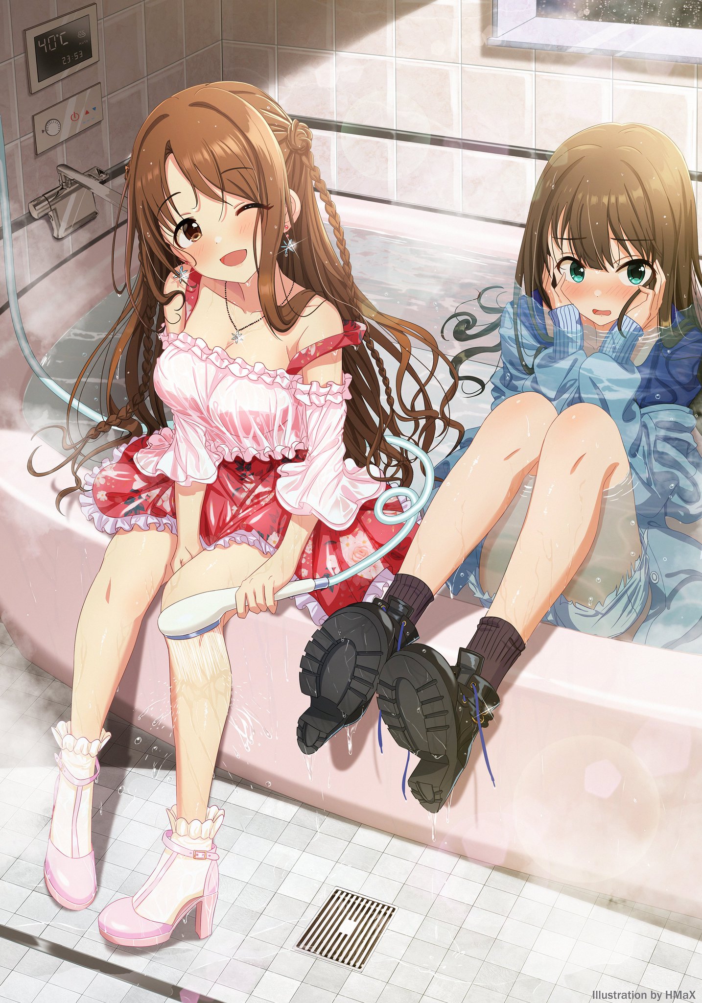 Anime Anime Girls Portrait Display Bathtub THE IDOLM STER Blushing One Eye Closed Long Hair Braids B 1434x2048