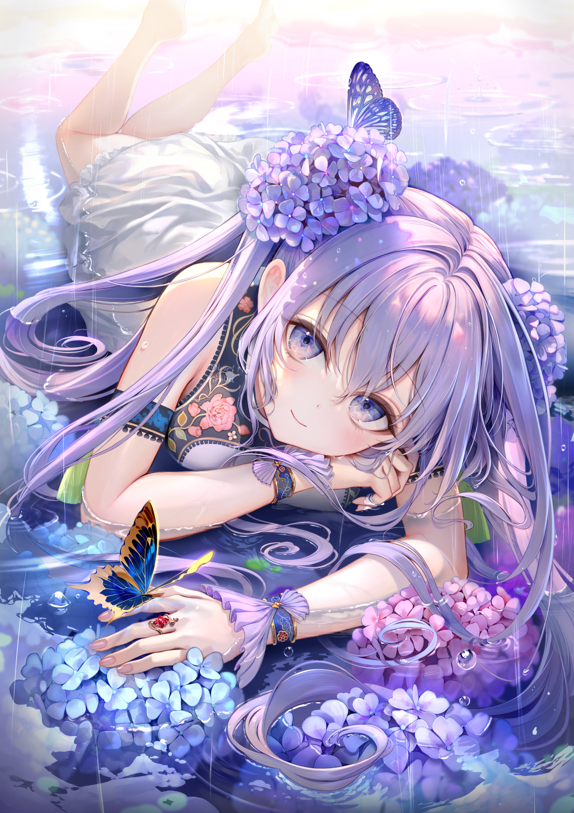 Anime Anime Girls Portrait Display Long Hair Purple Hair Blue Eyes Lying Down Lying On Front Water B 1157x1637