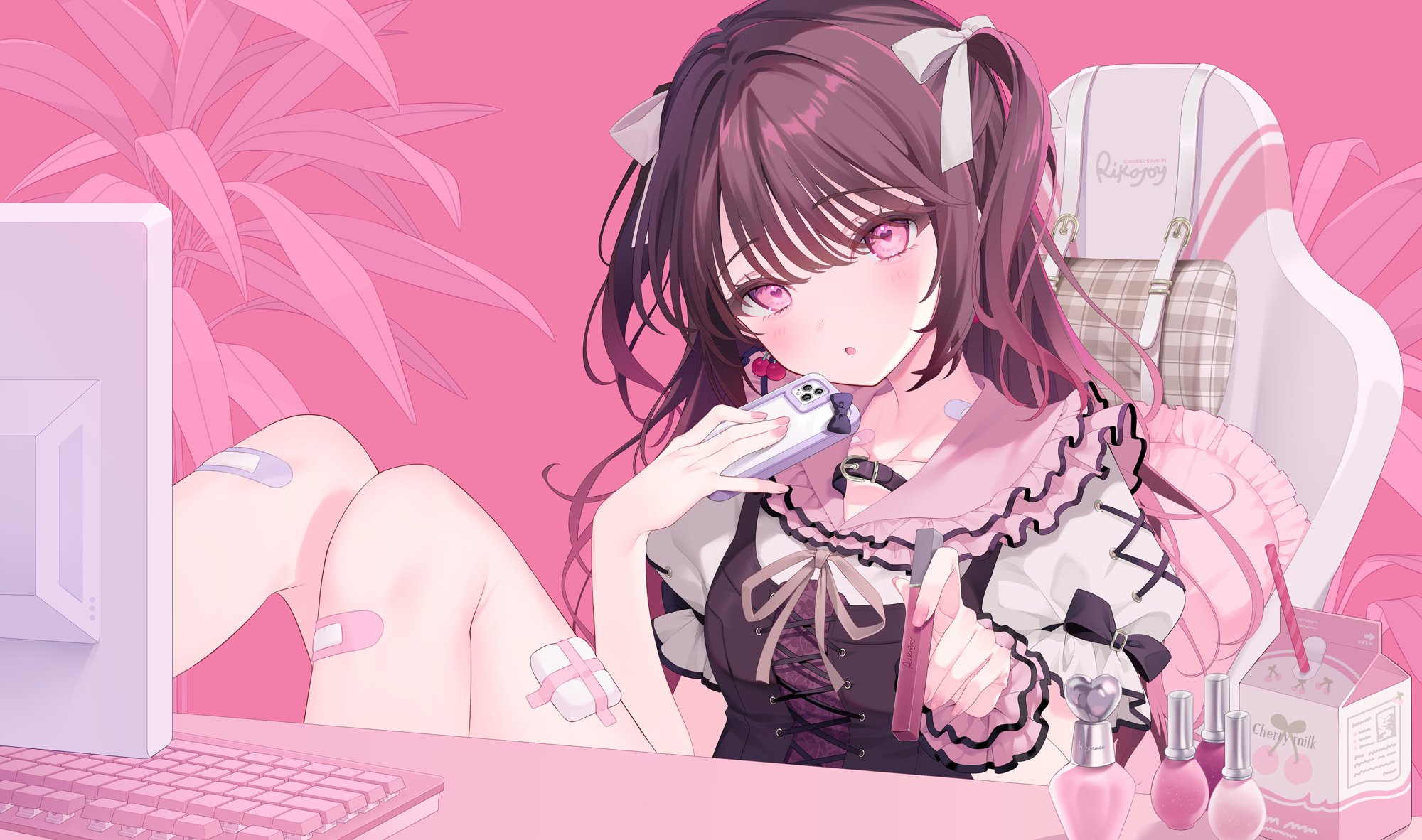 Anime Girls Patch Looking At Viewer Sitting Phone Gaming Chair Perfume Drink Milk Computer Band Aid  2000x1182