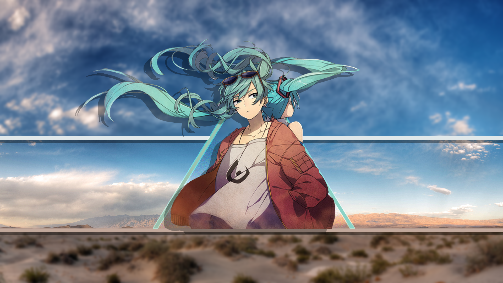 Picture In Picture Anime Girls Hatsune Miku Desert Sky Clouds Twintails Sunglasses Vocaloid Long Hai 1920x1080