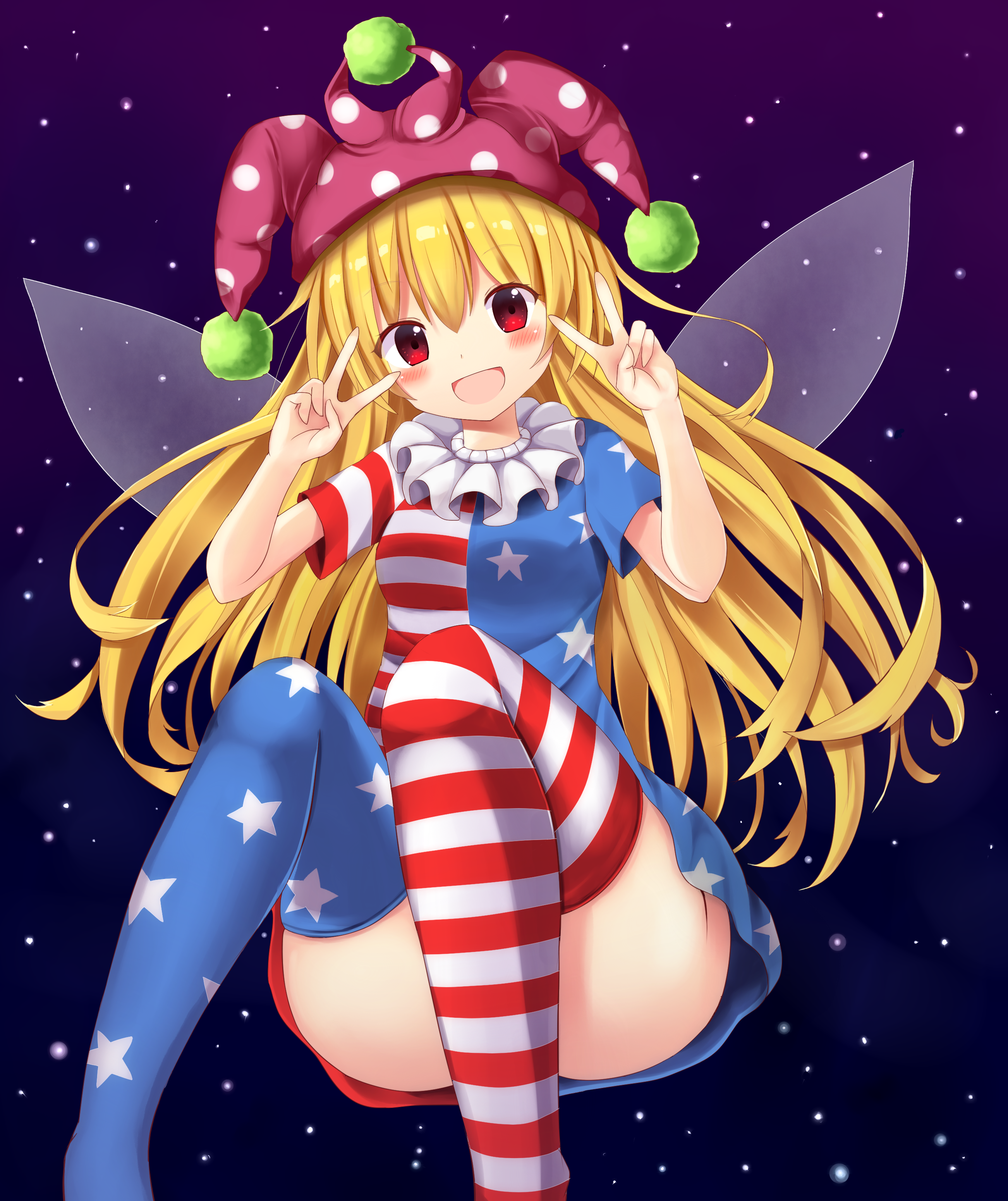 Touhou Clownpiece Anime Girls Hat Blonde Red Eyes Looking At Viewer Open Mouth Peace Sign American F 2603x3100